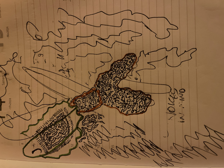 The image displays an abstract, hand-drawn doodle created with black, green, and orange/brown ink on a piece of lined paper, likely from a planner or notebook. The drawing is oriented diagonally across the page.
The central part of the doodle features two irregular, organic shapes outlined in orange-brown, filled with dense, intricate, swirling black patterns that resemble convoluted brain tissue or complex scribbles. To the left, a large, elongated, segmented shape outlined in green contains similar intricate black patterns and sports sharp, tooth-like projections along its upper edge.
Various wavy, cloud-like or smoke-like black lines are drawn across the background and surrounding the main shapes, contributing to an ethereal or turbulent aesthetic. A long, thin, curved black line extends from the area between the orange-outlined forms, pointing towards the text "VOICES IN MIND," which is written vertically in black ink towards the bottom right of the primary drawing.
The paper itself is lined, and elements from a calendar or planner are visible, including the partial words "Samedi" and "Dimanch," along with dates such as "-17>2024" and "-16>2024." Numbers like "8," "9," "12," "14," "15," "16," "19," and "20" are also visible along the lines, likely denoting hours or days.
The doodle suggests a visual representation of internal thoughts, mental processes, or an exploration of abstract organic forms. The photograph was taken indoors under warm, artificial lighting, giving the paper a yellowish tint. The drawing was created in Castione, Italy.