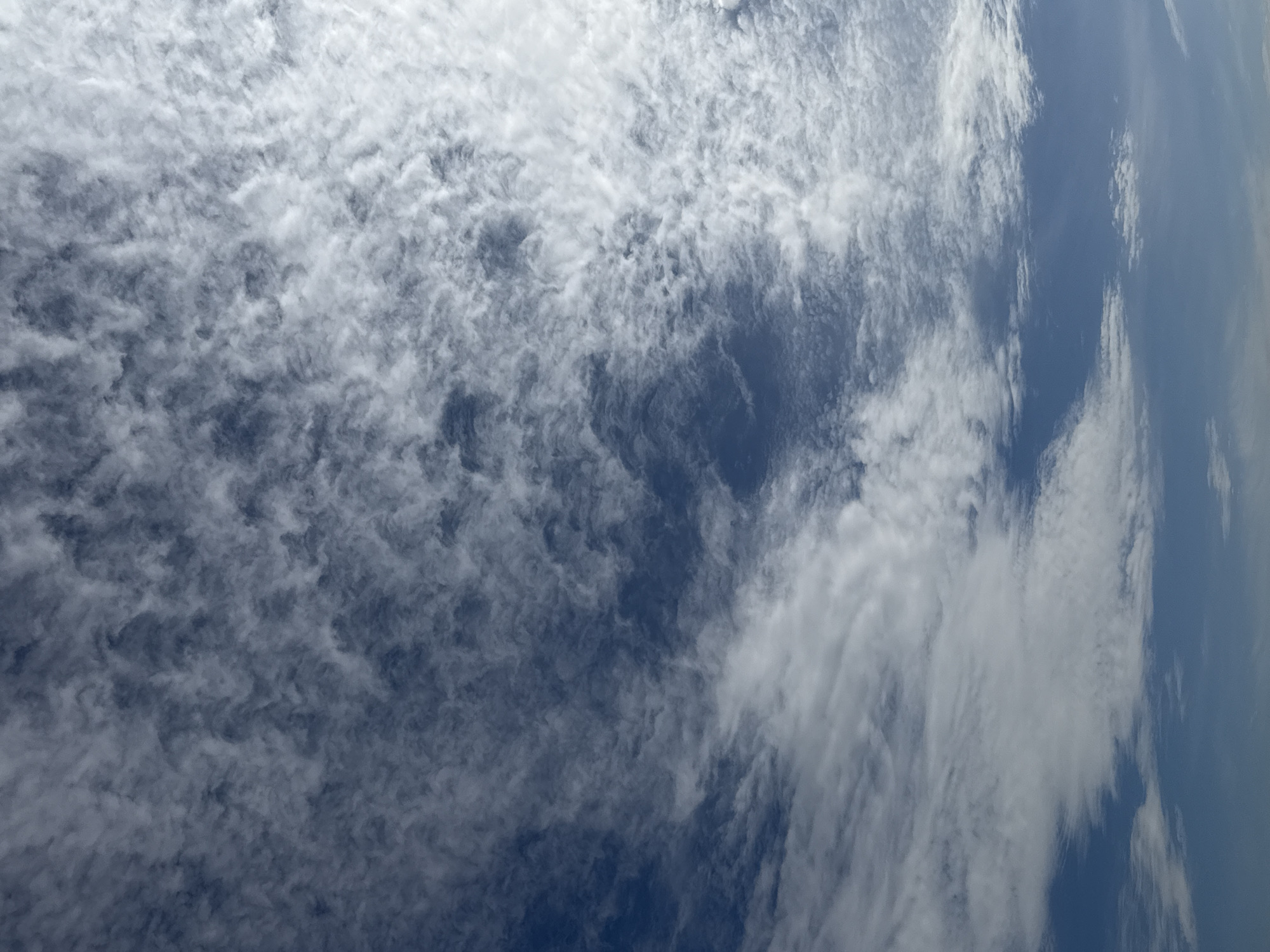 The image displays a daytime sky characterized by a deep blue hue. The majority of the frame is covered by a network of white to light grey cloud formations, primarily appearing as fragmented, rippled, or mottled patches consistent with altocumulus or cirrocumulus clouds. These clouds exhibit varying densities, with some areas showing more diffuse, feathery structures and others presenting distinct, small, rounded masses. Patches of clear, uninterrupted blue sky are visible, particularly towards the lower and central-left portions of the image. The lighting indicates natural daylight. No people, subjects, objects, or actions are discernible within the frame. The specific location within the city of Izhevsk, Russia, cannot be determined from the visual information provided, as the image exclusively depicts the sky without any ground-level or structural context.