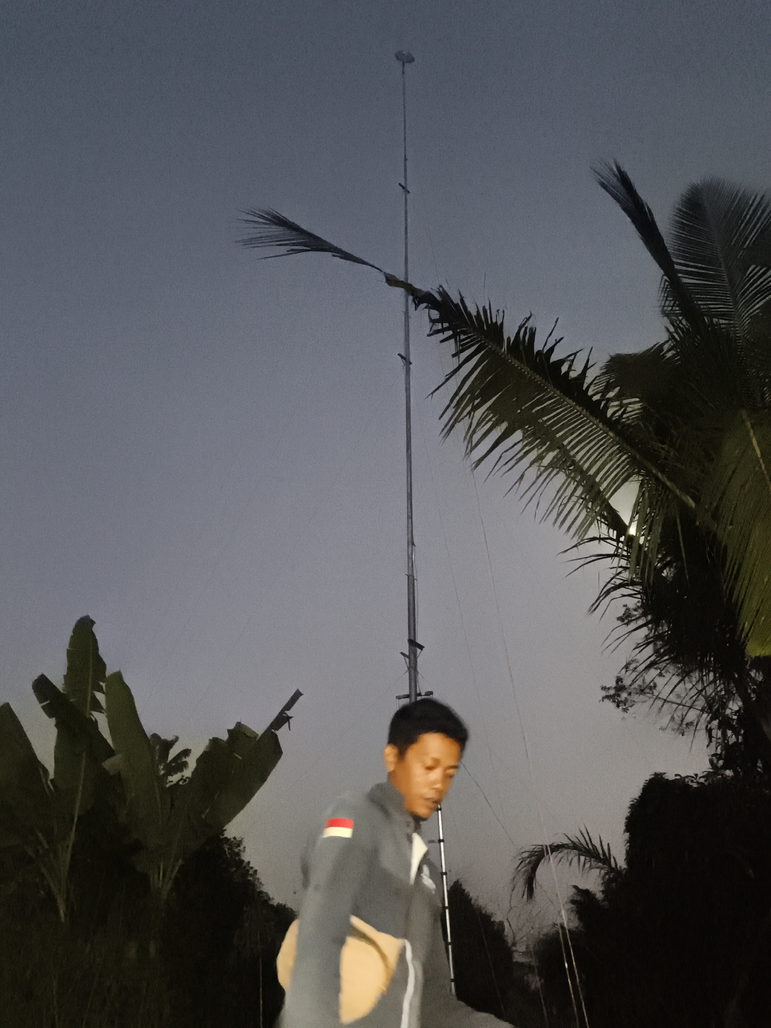 A medium shot captures a man in a gray jacket with a white and red stripe on the left sleeve walking outdoors in the city of Ketapang, Indonesia. He is looking down, and his right hand is near his chest. He carries a light brown bag over his left shoulder. In the background, a tall, thin metal tower stands prominently, with wires extending from it. Lush green banana trees are visible to the left, and palm trees with fronds are to the right, silhouetted against a dusky, pale blue sky. The lighting suggests it is either dawn or dusk.