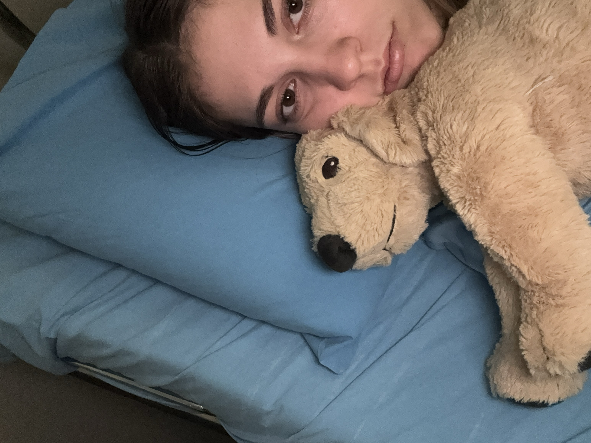 A young woman lies on a bed in an indoor setting, resting her head on a blue pillow. She is holding a light brown plush dog. The bed is covered with blue sheets. The location is unknown and cannot be determined from the image, therefore I cannot provide any information about the city of Sofia, Bulgaria.