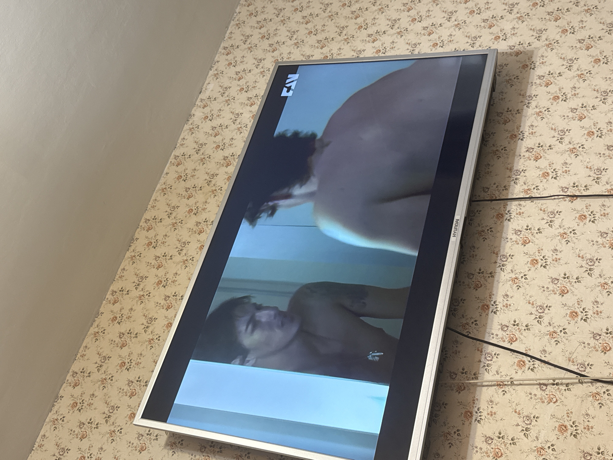 A Hyundai television is mounted on a wall with floral wallpaper. The TV screen displays a scene of two people, one on top of the other. The scene appears to be a romantic one, possibly from a TV show or movie. The location is inferred to be Mytishchi, Russia, based on the user's request.