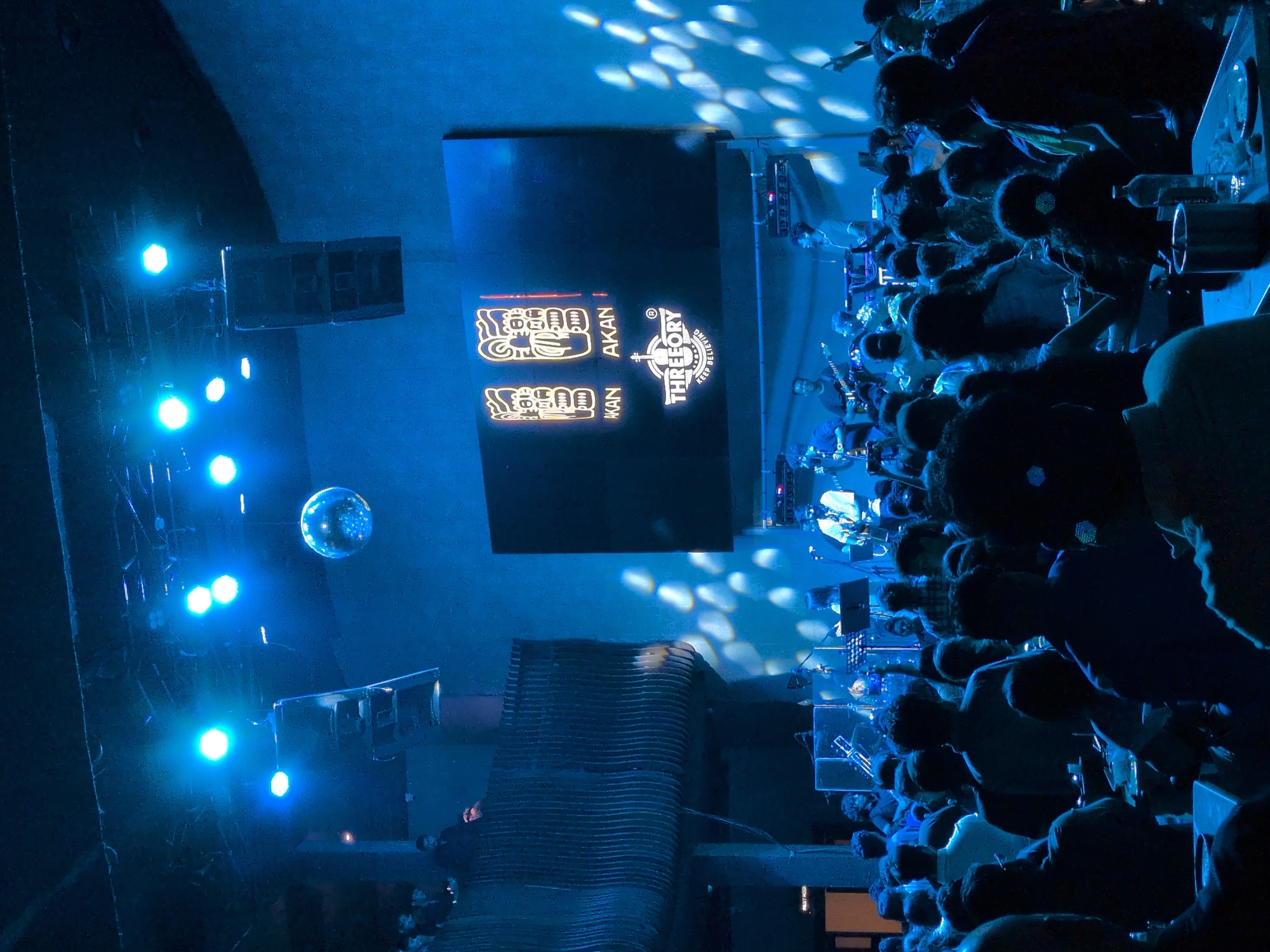 The image depicts a live music event occurring at Threory, a venue located in Hyderabad, India. A large audience is gathered in a dimly lit interior space, facing a raised stage where a band performs under dominant blue lighting.
On the stage, at least five musicians are visible, playing instruments including electric guitars and drums. Behind the band, a large rectangular LED screen displays stylized, symmetrical graphic elements with the text "AKAN AKAN" and the venue's logo, "THREORY KEEP BELIEVING." Multiple bright blue stage lights are suspended from the ceiling directly above the stage. A large, reflective disco ball hangs centrally from the ceiling, casting diffuse light patterns on the adjacent wall to the right. A large, dark-colored speaker system is also suspended from the ceiling to the left of the stage.
The audience, predominantly seen from behind, occupies the main floor area, with most individuals standing and focused on the stage. In the immediate foreground, several people are seated at tables, with bottles, glasses, and plates of food present. A metal bucket, possibly for ice, sits on a table in the bottom center. Some audience members have their hands raised in the air. To the left, an elevated balcony structure with a textured railing overlooks the main floor, with at least one individual standing there observing the event. A "RESTROOM" sign is visible on a wall in the lower-left corner. The environment suggests an active and engaging concert setting.
