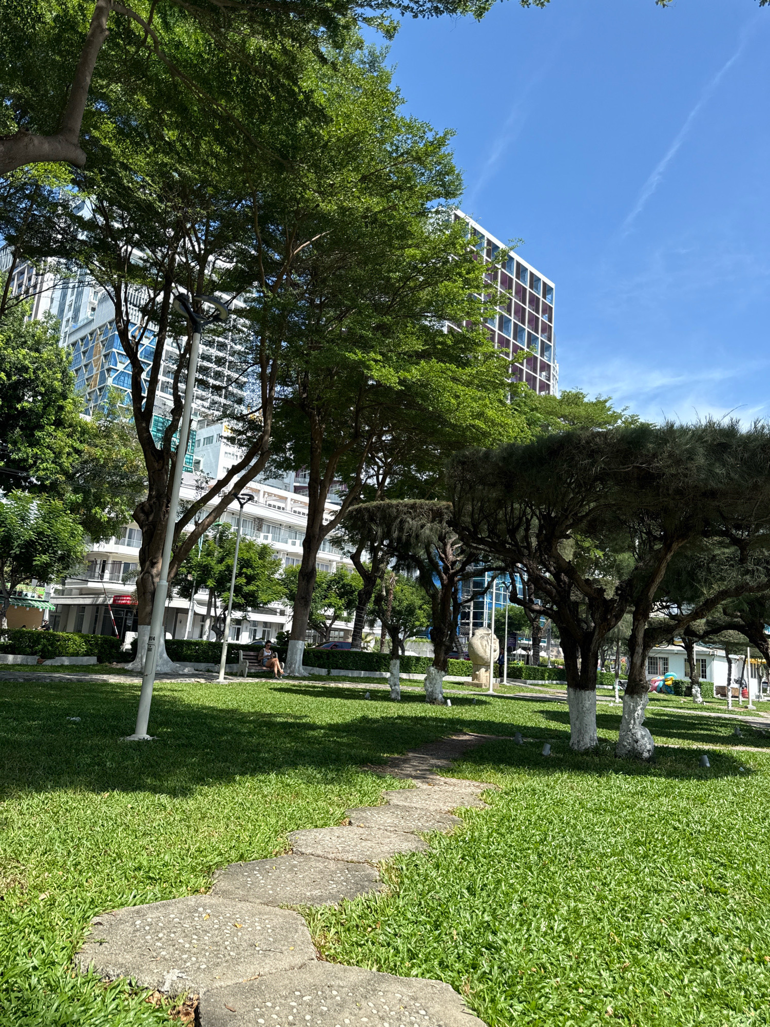The image shows a sunny day in a park in Nha Trang, Vietnam. In the foreground, a stone pathway winds through a neatly mowed green lawn. Several trees with dark trunks, some painted white at the base, are scattered throughout the park. In the background, a modern, multi-story building with a grid-like facade of windows and colorful accents stands tall against a clear blue sky with faint white contrails. Smaller buildings and more trees are visible in the middle ground. A person is seated on a bench to the right, looking down. The environment suggests an urban park setting designed for relaxation and recreation.