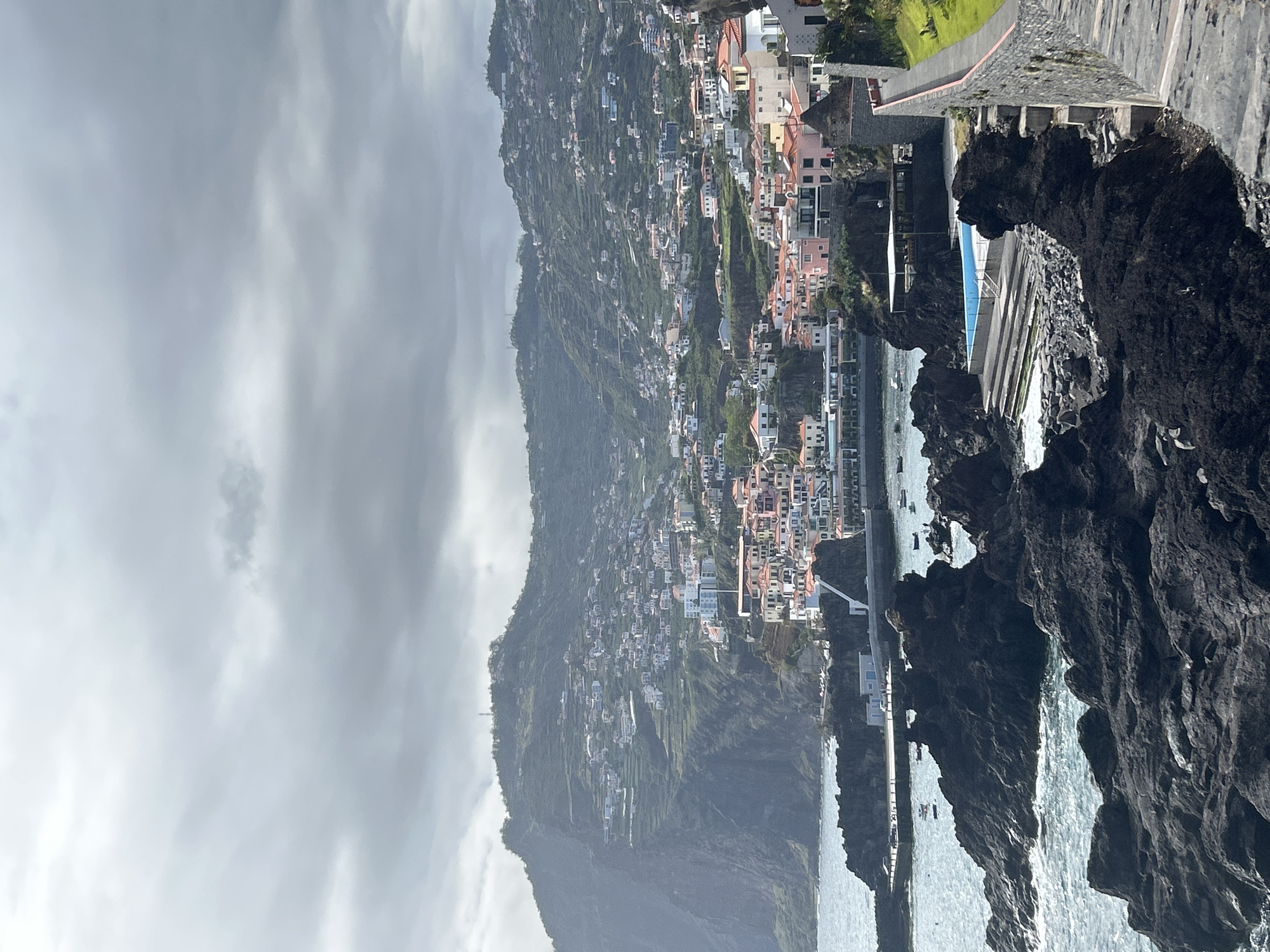 The image depicts a view of Câmara de Lobos, Portugal, on a cloudy day. The landscape is dominated by a steep hillside densely populated with houses. These buildings vary in color and style, arranged along the contours of the terrain. The hillside drops down to the coastline, where black volcanic rock formations are visible. Waves crash against these rocks. The sea extends into the distance. Along the shore, there is a walkway and a swimming pool complex. The sky is overcast with gray clouds.