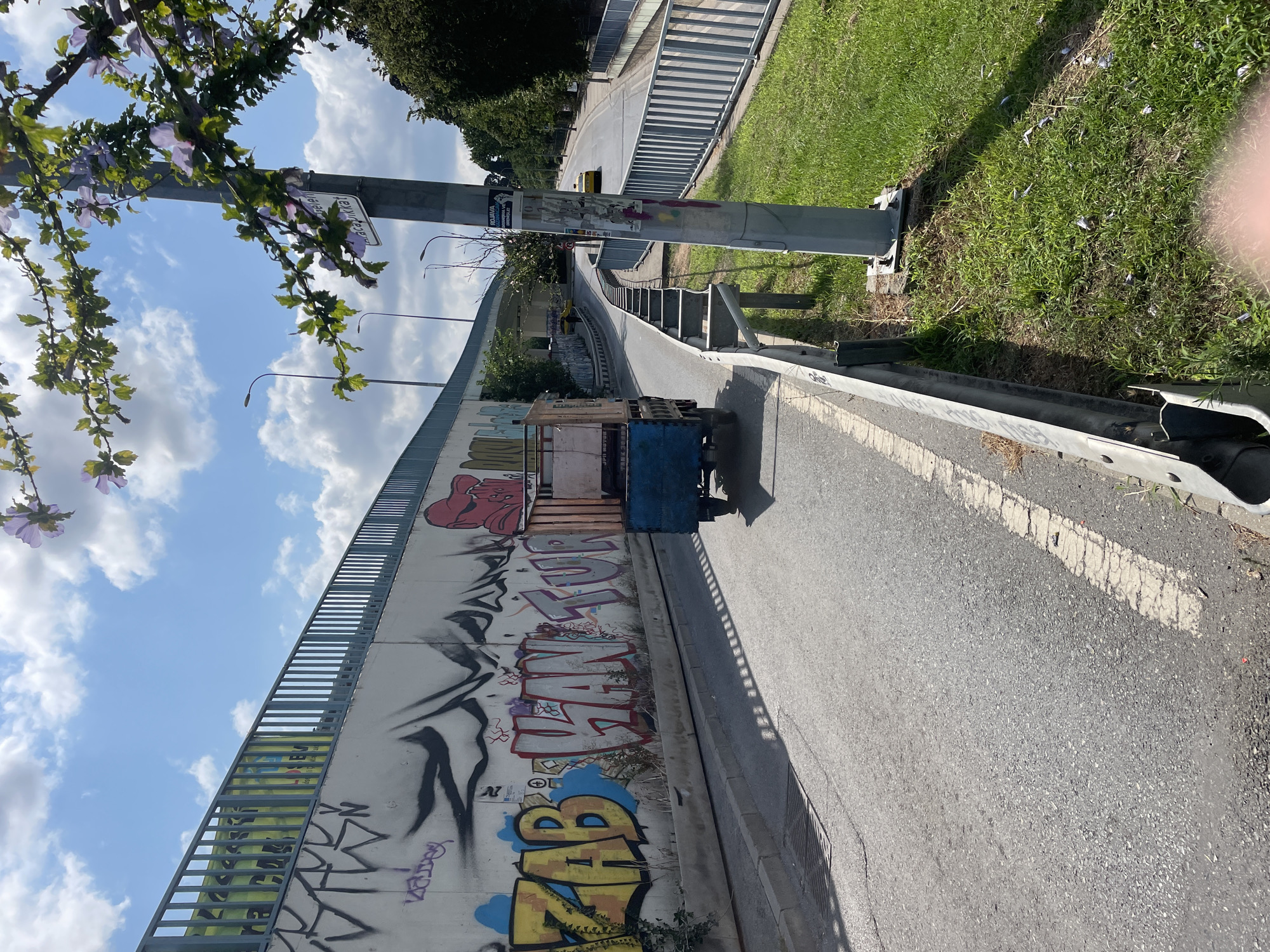 The image captures a street scene in Kadıköy, Turkey, characterized by an elevated roadway structure adorned with graffiti. A small, blue utility vehicle, possibly a truck or cart, travels away from the camera on the lower road. The road is bordered by metal railings and a grassy verge. Above, branches with pale purple flowers and green leaves frame the blue sky, which is dotted with white clouds. The graffiti on the concrete wall beneath the elevated roadway is vibrant and covers a significant portion of the surface. Traffic lights and street lamps are visible along the road, suggesting an urban environment. The overall impression is one of a city road on a bright, possibly sunny day, with a mix of infrastructure and natural elements.