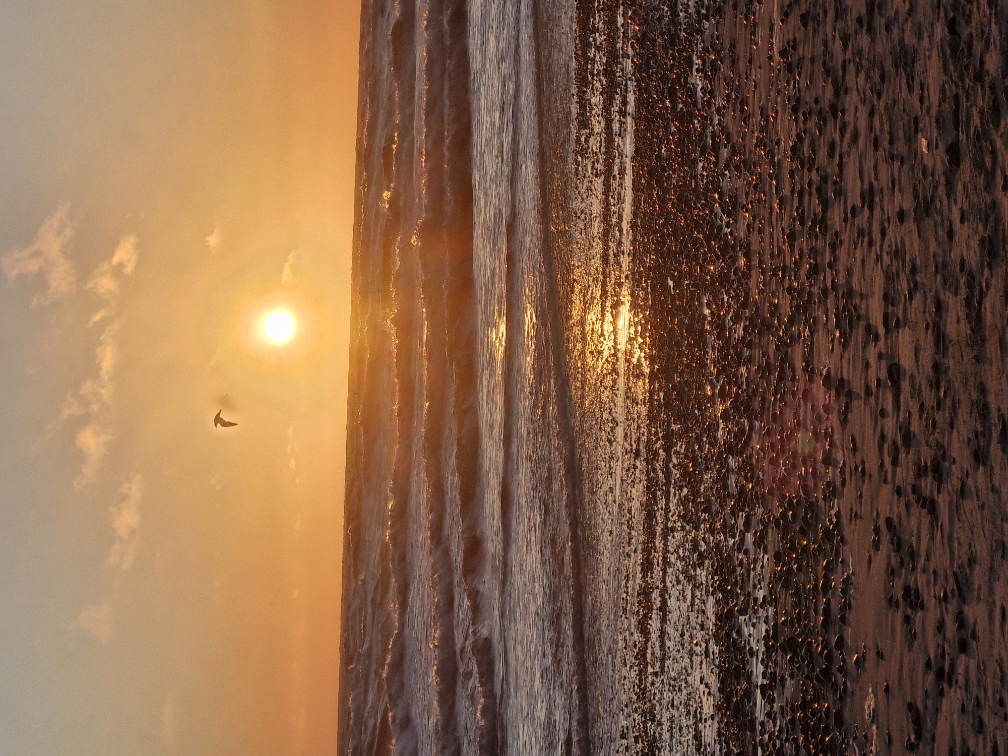 A sunset over the Baltic Sea is captured from a pebble beach. The sun, a bright orb, is positioned in the upper right quadrant of the image, casting a warm, orange glow across the sky and the rippling water. A single bird is silhouetted against the sun. Waves crash gently onto the shore, reflecting the sunlight and creating a shimmering effect on the wet pebbles. The beach is covered in smooth, dark pebbles and sand, with some areas appearing wet from the receding tide. The overall scene is tranquil and evocative of a peaceful evening by the sea. This scene is likely from the Curonian Spit, an area near Klaipėda, Lithuania, known for its coastal beauty and sunsets.