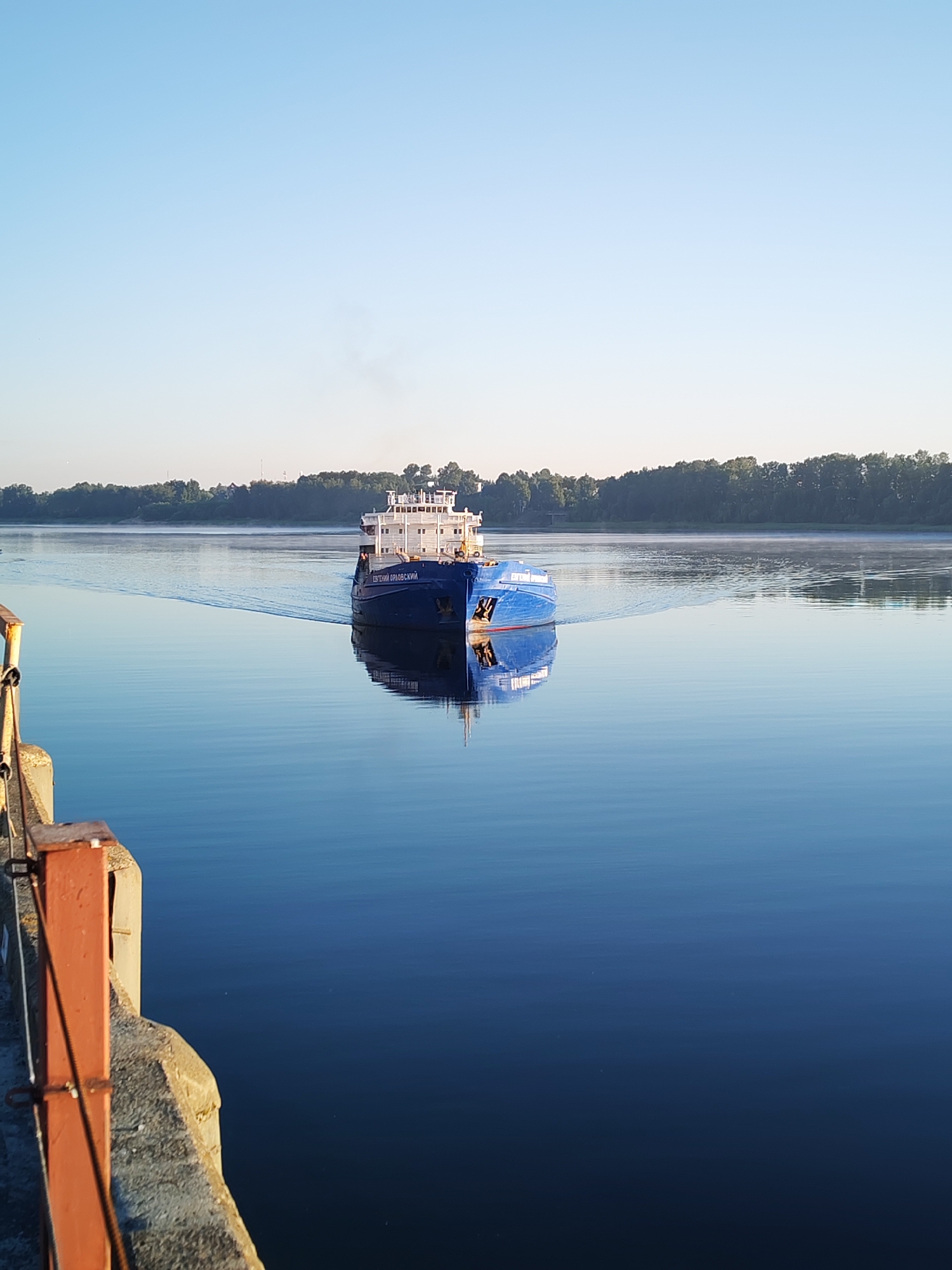 The image depicts a serene, wide river with calm, blue waters reflecting the clear sky. A blue cargo ship, identified by the lettering "ЕУГЕНИИ ГРАДОВСКИИ" on its side, is navigating down the river, leaving a gentle wake behind it. The ship has a white superstructure with several decks and windows. In the background, a dense line of green trees forms the riverbank, with a faint haze or mist rising from the water near the trees. On the left side of the foreground, a portion of a concrete structure, likely a pier or dock, is visible with rusted metal railings. The lighting suggests it is early morning or late afternoon, with the sun casting a soft light on the scene. The location is identified as the city of Bol'shie Mkhi, Russia, a place known for its riverine landscape.
