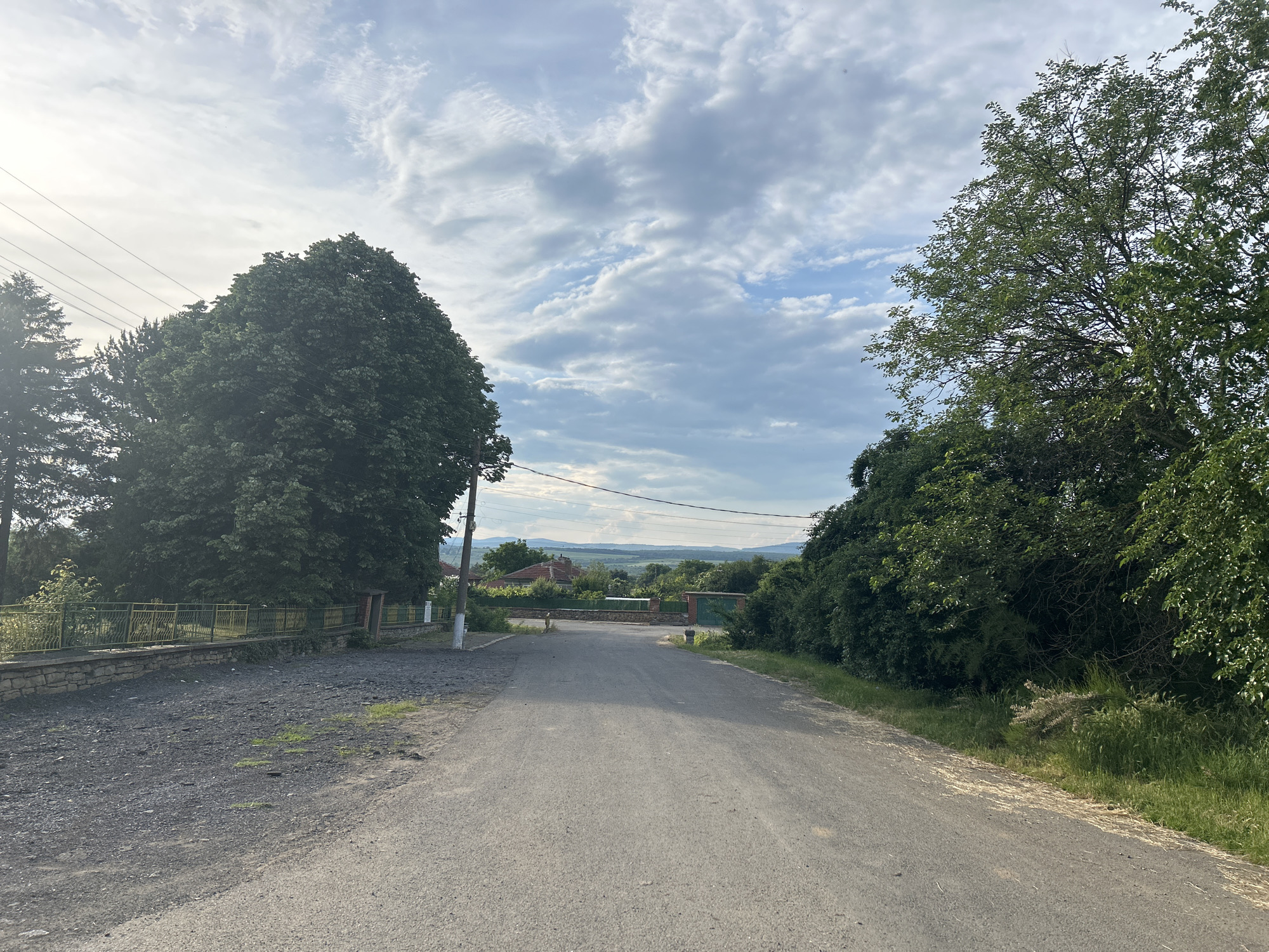 The image depicts a tranquil, semi-rural landscape dominated by a paved road leading into the distance. Large, verdant trees frame both sides of the road, with dense foliage visible on the left and right edges. Overhead utility lines and poles are noticeable on the left side, stretching across the partly cloudy sky.
The sky is a mix of soft white and grey clouds, with patches of brighter blue showing through, indicating an overcast but bright daytime. In the midground, the road is blocked by a green barrier or gate. Beyond this barrier, several houses with distinct reddish-orange tiled roofs are visible, nestled amidst lush greenery. To the left of the road, a low stone wall topped with a green ornamental metal fence runs parallel to the path leading up to the barrier. A small, yellowish object, possibly a fire hydrant or bollard, stands near the barrier on the right.
The immediate ground on the left side of the road consists of gravel and sparse patches of grass, while the right side features a more substantial grassy verge with dense bushes and taller grass. In the far background, distant rolling hills or mountains add depth to the serene scene. No people or discernible activities are present. The setting evokes a sense of peaceful quietude, possibly a country road or the entrance to a village, likely in a temperate region. No visible text is present in the image.