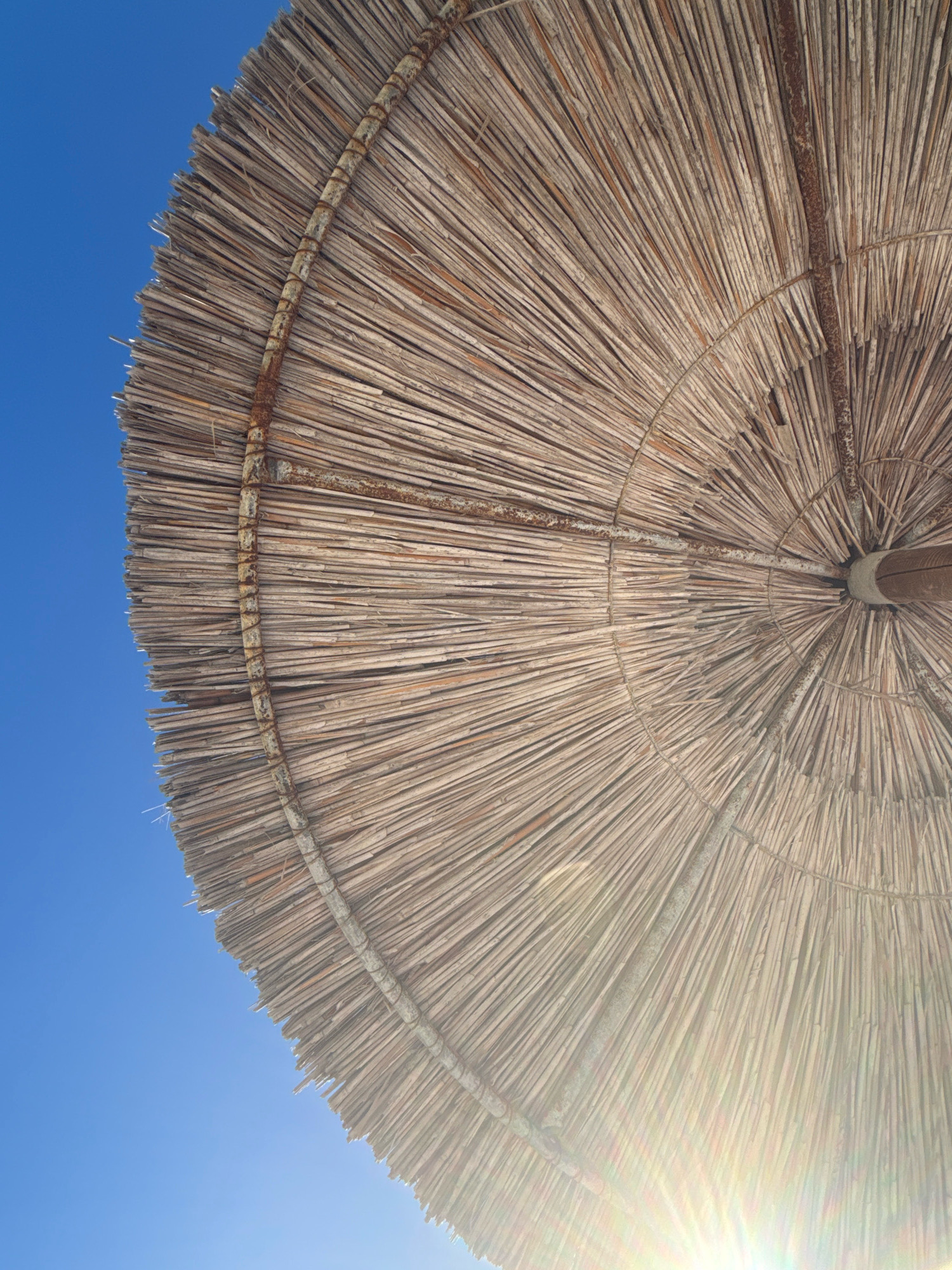 A low-angle shot captures the underside of a thatched umbrella against a clear blue sky. The umbrella, made of dried reeds, is supported by a central wooden pole and reinforced with circular bands of what appears to be rusted metal and rope. The reeds radiate outward from the center, creating a textured, fan-like pattern. Sunlight flares from the bottom right corner of the image, casting a bright glow and a lens flare across the lower portion of the umbrella. The location is the city of Toroni Municipal Unit, Greece, suggesting a beach or outdoor setting characteristic of the area. There are no people or animals visible in the frame.