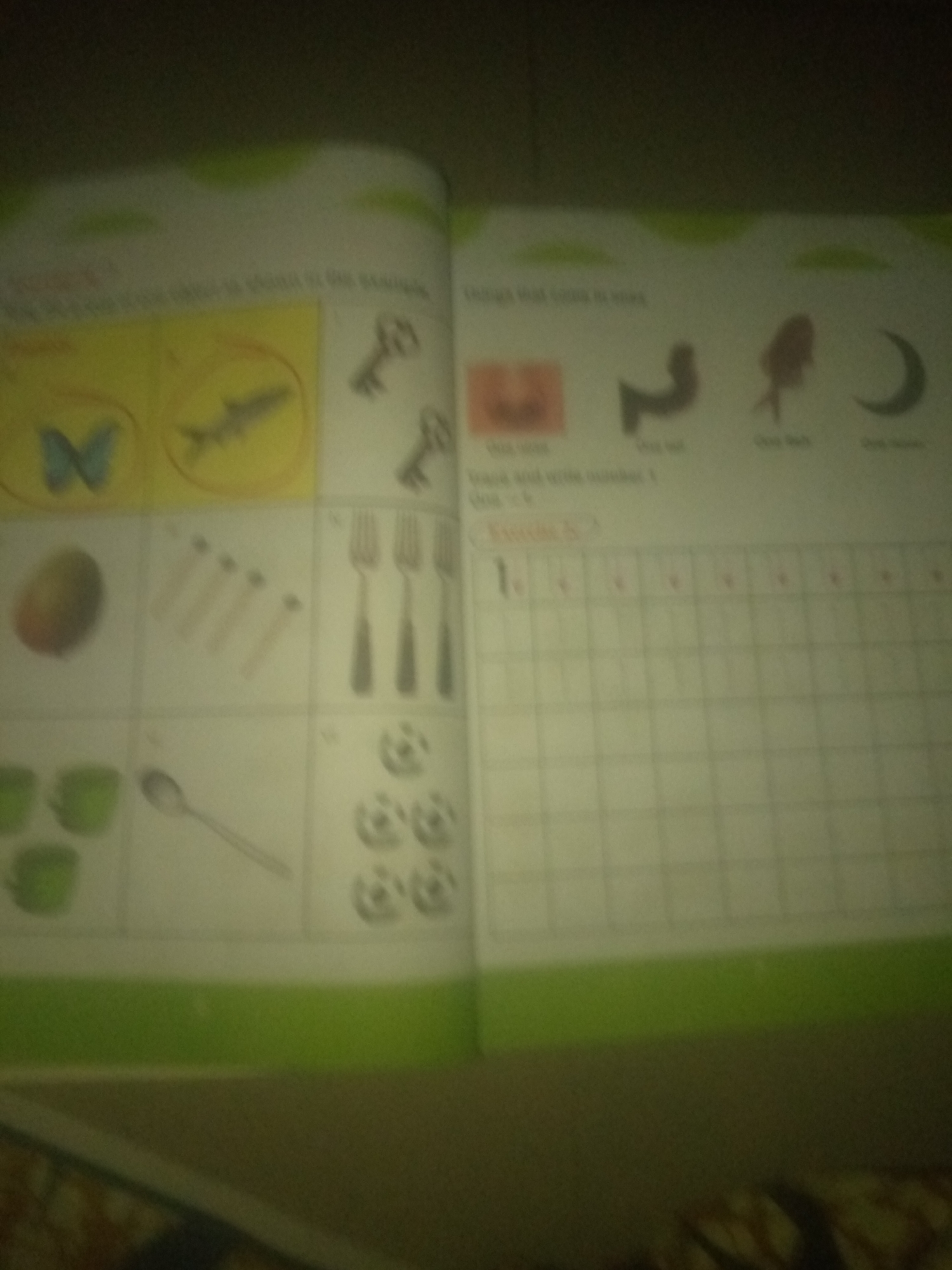 The image shows an open book, possibly a children's activity book, with pages containing images and grid-like spaces for writing or drawing. On the left page, there are illustrations of a blue butterfly, a fish, a mango, matches, cups, and a spoon. There are also two keys depicted. The right page features images of objects with corresponding labels such as "Owl," "Hour," "One Ball," and "Crescent Moon." Below these images, there is a grid with numbers and dots, and a section that says "Exercise 2." The book appears to be on a surface, and the lighting suggests it might be indoors, possibly in a home or classroom setting. The specific location of Jauro Yinu, Nigeria is not discernible from the image content itself.