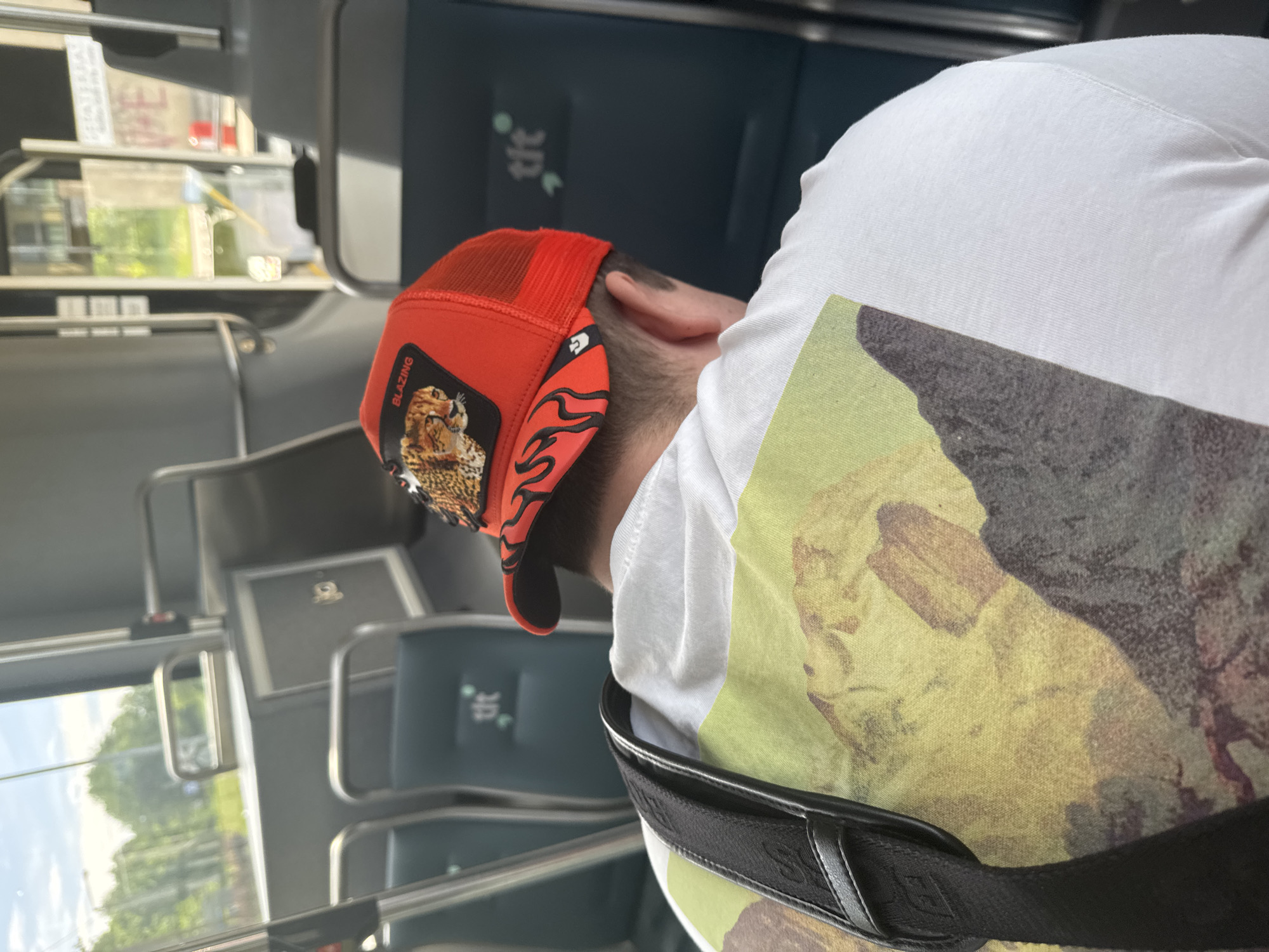 The image depicts the back of a person wearing a white t-shirt with a mountain graphic and a red trucker hat with a cheetah and flame design. The person is seated on a bus, as indicated by the rows of dark blue seats and handrails visible in the background. The environment appears to be an urban setting, with trees and buildings visible through the bus windows. The scene is set in Tallinn, Estonia, specifically on a public bus.