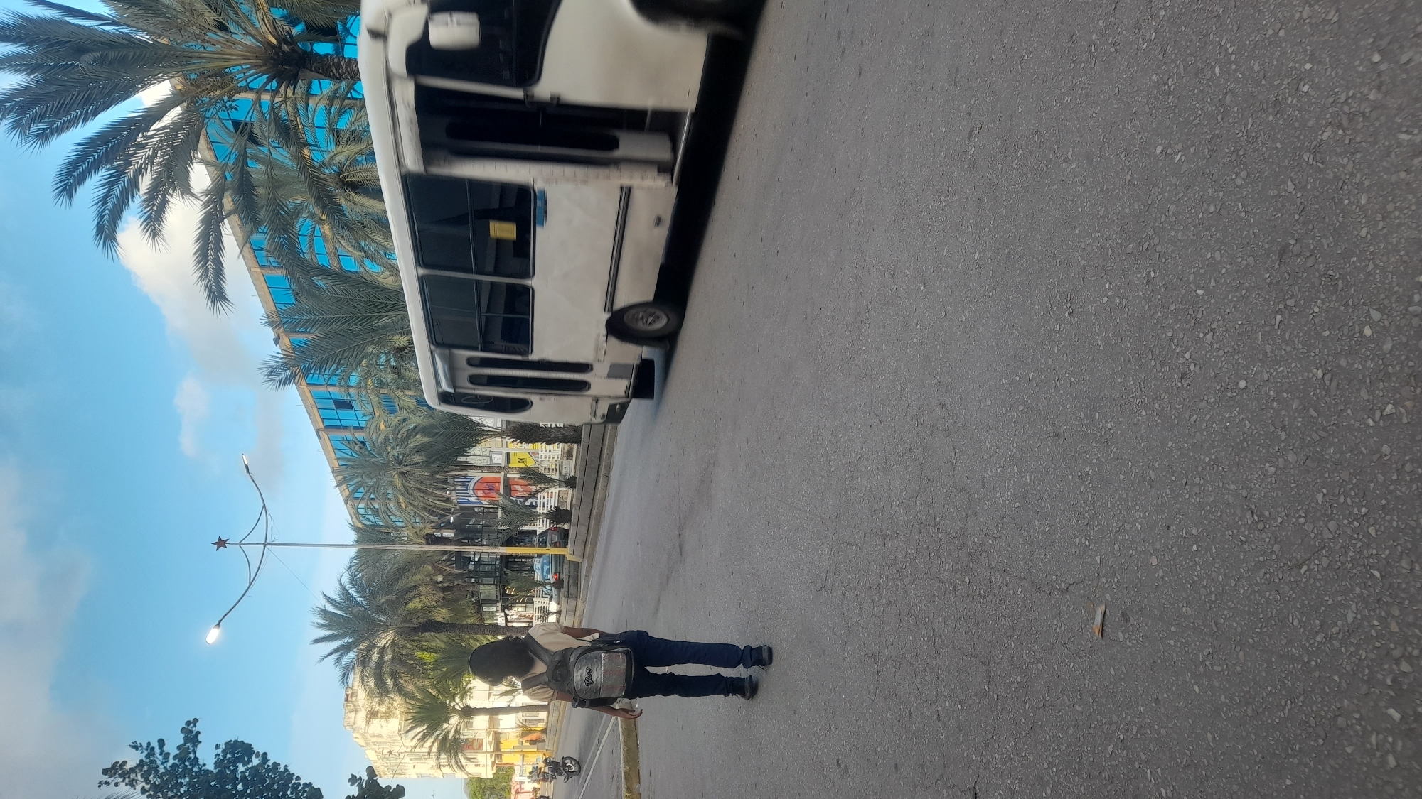 A young person with dark hair walks away from the camera on an asphalt street, wearing a light-colored shirt, dark pants, and a silver backpack. A white bus is in motion on the right side of the street, with its door open. Palm trees line the street, and a modern building with blue windows is visible in the background. The sky is partly cloudy. The scene appears to be a street in Juan Griego, Venezuela, with typical urban elements.