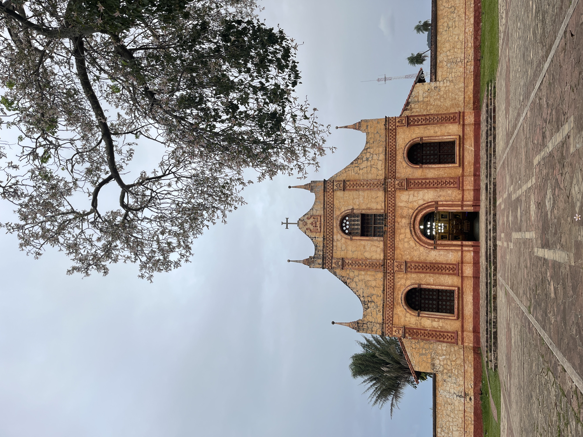 A low-angle, medium shot captures a stone building with architectural details against a cloudy sky. A tree branch with green leaves and sparse white flowers extends into the frame from the upper left. The building, possibly a church, is constructed of stone in shades of brown and tan, and is decorated with red trim, arched windows, and several spires. A cross is visible at the center of the facade. A palm tree is to the side of the building. The sky is overcast and pale. The building is located in the city of Unknown, Unknown.