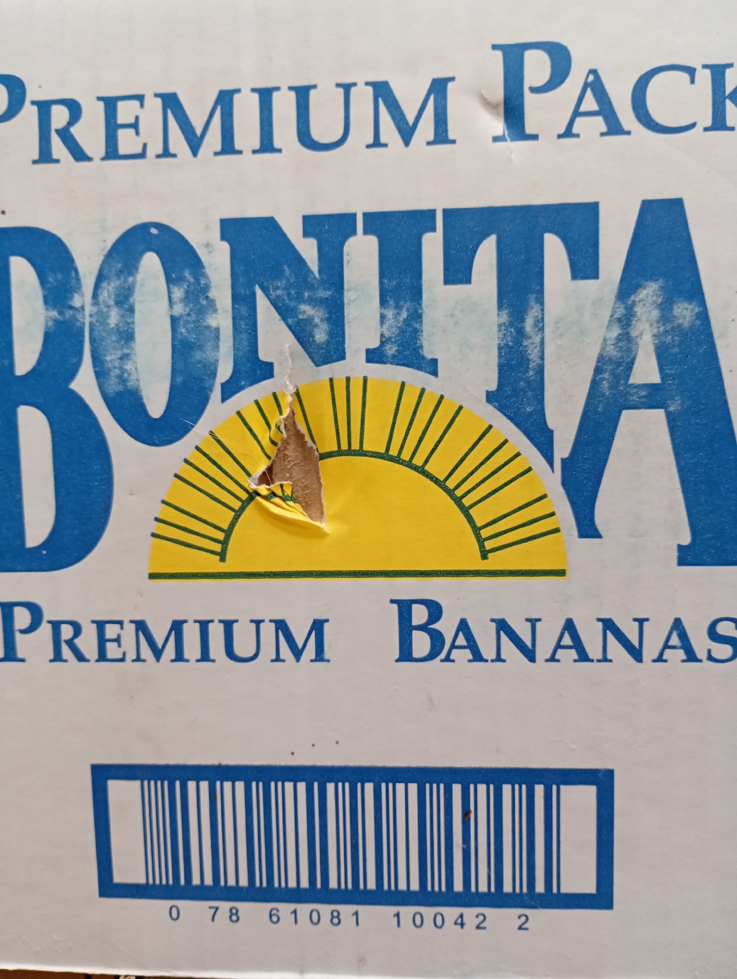 A close-up shot captures a portion of a white cardboard box, likely packaging for a product, with prominent branding. The top of the image shows the words "PREMIUM PACK" in blue capital letters, though "PACK" is partially visible. Centered on the box is the large, bold blue text "BONITA". Beneath the "BONITA" text, a distinctive logo is present: a bright yellow semi-circle, stylized like a rising sun or a fanned banana bunch, with thin green lines radiating outwards from its base. A noticeable tear or hole mars the center of this yellow logo, revealing the corrugated brown cardboard material beneath.
Further down the box, below the main brand, the words "PREMIUM BANANAS" are printed clearly in blue, indicating the product being packaged. At the very bottom of the visible area, a blue UPC barcode is displayed, accompanied by the numbers "0 78 61081 10042 2". The blue ink on the box shows some signs of wear and minor scuffing, suggesting use or handling. The scene is static, depicting only the box itself, with no people or specific activities. The image offers no internal visual cues for its location, but the context provided places it in Kabile, Bulgaria.
