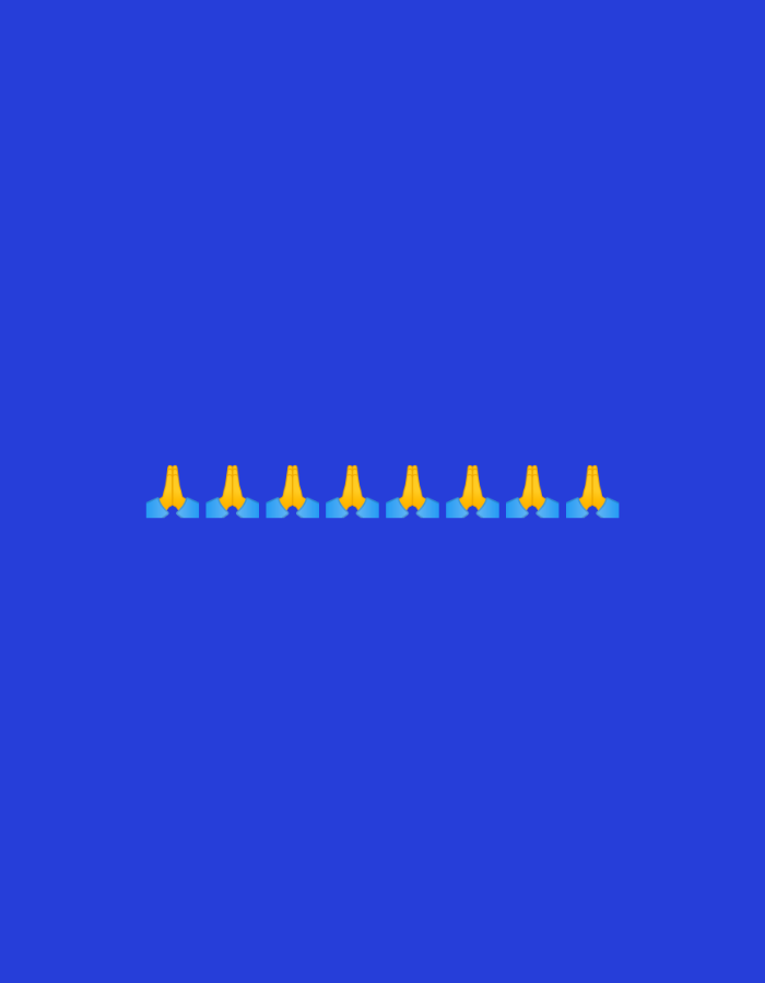 A row of eight identical praying hands emojis is centered horizontally near the bottom of a solid blue background. The emojis are yellow and blue, with the hands depicted in yellow and the sleeves in blue. They are evenly spaced in a line.