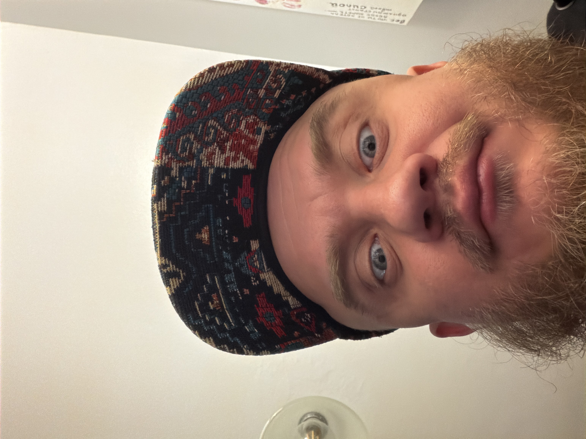 A close-up portrait captures a person with a fair complexion, light-colored eyes, and a beard with blondish and reddish tones. The individual is wearing a patterned cap featuring a mix of dark blues, reds, and beige/tan. The background includes a white wall. Part of a light fixture is visible in the bottom center, and a white box with text is partially visible above. The photo was taken in Morton Grove, United States of America.