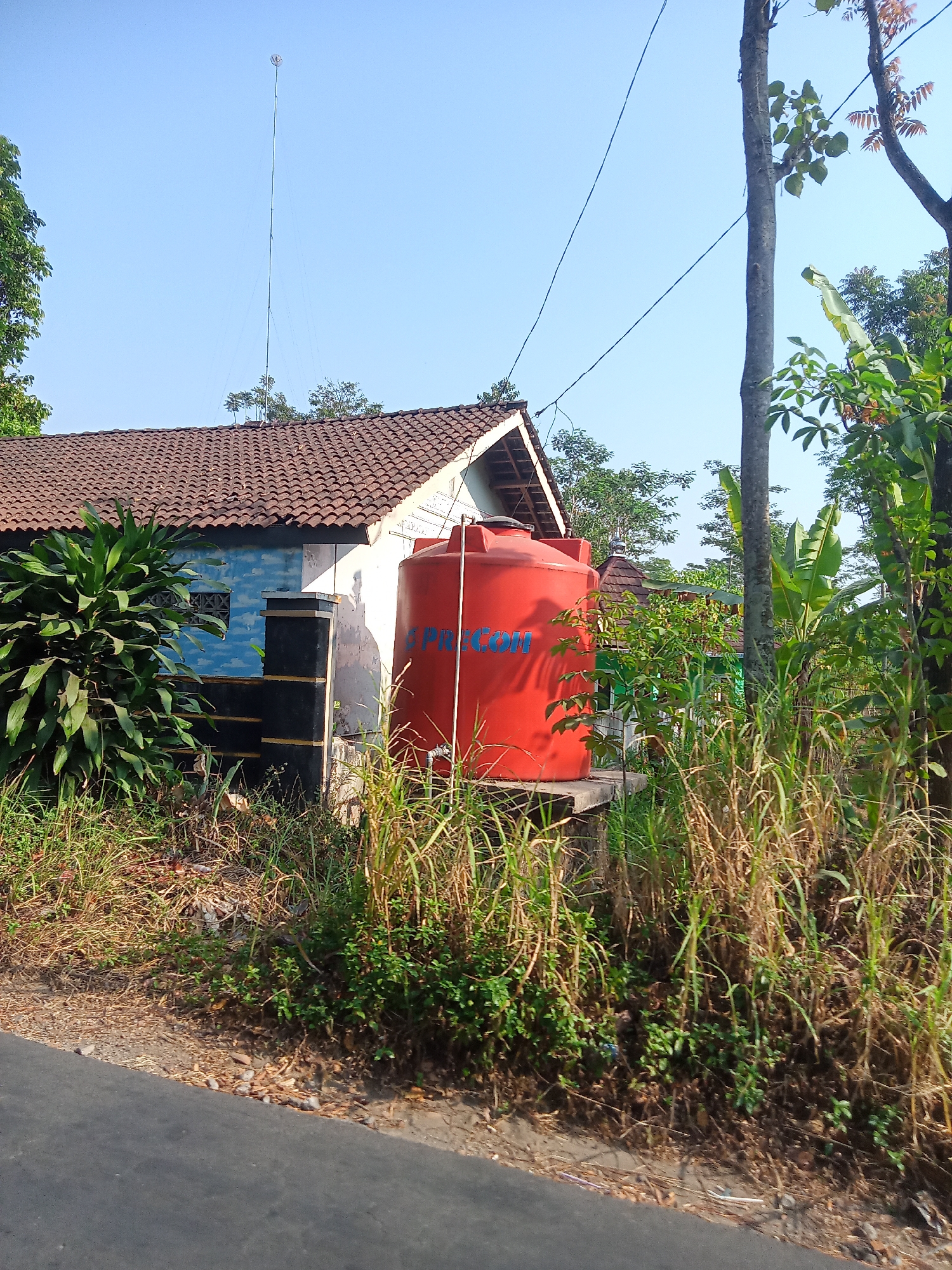 The image shows a residential property in Kaligentong, Indonesia, under a clear blue sky. A single-story house with a tiled roof is visible on the left, featuring a blue and white painted facade. Adjacent to the house, a large, bright red water tank stands prominently. A tall, slender antenna rises high above the roofline in the background. The foreground is dominated by overgrown grass and foliage, with a paved road running along the bottom edge of the frame. Several trees, including a banana tree, are scattered throughout the scene, contributing to a natural, somewhat untamed environment. The area appears to be rural or semi-rural, with a focus on basic infrastructure and natural surroundings.