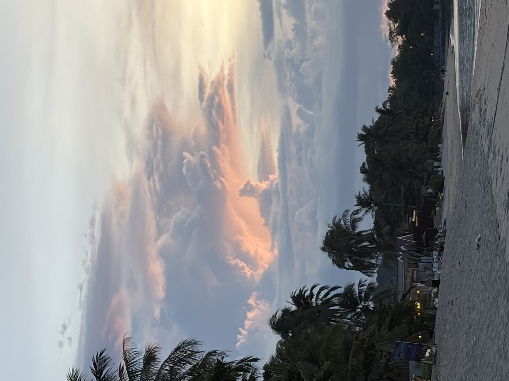 A tranquil beach scene unfolds at Baan Thong Po, Thailand, as the sun begins to set. The sky is a canvas of soft pastels, with clouds tinged with hues of pink and orange, a testament to the fading daylight. Palm trees, their fronds swaying gently, line the shore, casting dappled shadows on the sand. In the distance, a few buildings, possibly resorts or restaurants, are visible, their lights beginning to twinkle as dusk settles. The beach itself is mostly empty, with only a few scattered individuals and a dog present, suggesting a peaceful end to the day. The gentle waves of the ocean lap at the shore, creating a soothing rhythm.