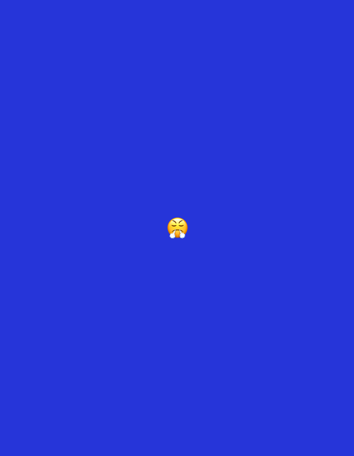 The image presents a digitally rendered scene featuring a single emoji centered on a uniform, solid royal blue background. The emoji is yellow and round, with small, arced lines for squinted or closed eyes and similarly arced lines for eyebrows, conveying a strained or distressed expression. Its mouth is depicted as a small, open, downturned curve, from which two small, irregular white cloud-like shapes are shown emanating, indicative of a sneeze or exhalation. There are no other subjects, objects, or environmental details present in the image. The scene contains no discernible elements, text, or contextual clues to indicate a physical location, including the city of Santa Ana, Venezuela.