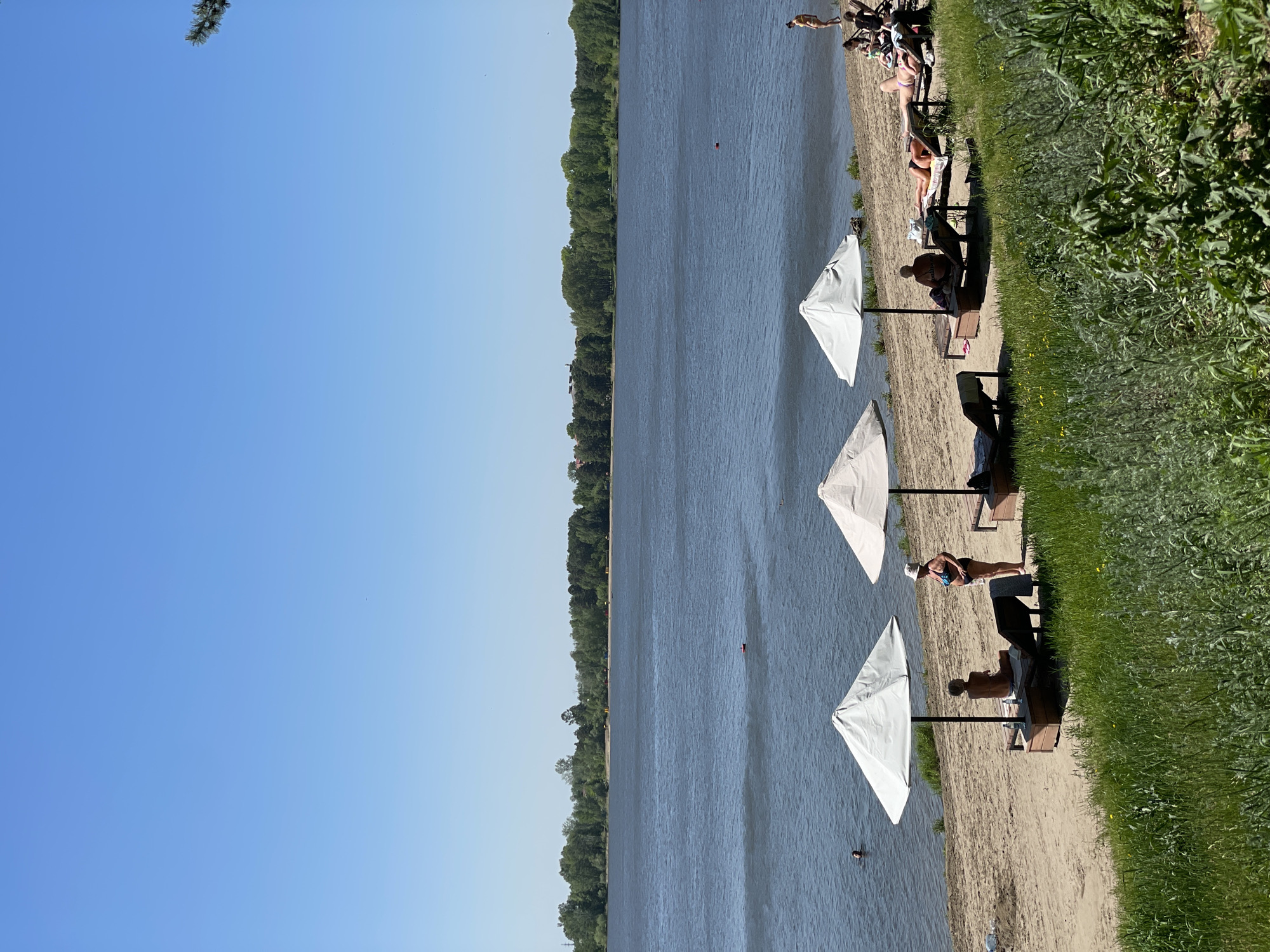 This image captures a serene summer day at a riverside or lakeside beach in Zheleznogorsk, Russia. The scene is dominated by a clear, bright blue sky overhead, with a glimpse of a tree branch in the upper left corner. A wide expanse of calm, dark blue water stretches horizontally across the middle of the frame, its surface reflecting the sunlight.
On the far bank of the water, a dense, verdant line of trees creates a natural horizon. In the distant water, a small red buoy is visible. The foreground features a sandy beach area, which transitions into a strip of vibrant green grass dotted with small yellow flowers on the right side.
Several people are present on the beach, enjoying the sunny weather. Three distinct white, square beach umbrellas are spaced along the sand, casting shadows and providing shade. Underneath or near these umbrellas, individuals are seen relaxing on wooden benches or loungers. Other people are casually sitting or lying on the sand, sunbathing. At least two individuals are in the water, one closer to the shore and another further out. The overall activity suggests leisure, sunbathing, and swimming. The bright, clear conditions indicate a pleasant, sunny day, likely during the late morning or early afternoon. No visible text is present in the image.