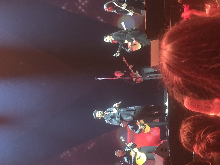 The image captures a live musical performance inside the National Palace of Culture (NDK), Hall 1, Sofia, Bulgaria. Seven individuals are on stage, illuminated by theatrical lighting against a dark background with subtle pixelated light patterns. A male vocalist stands centrally, wearing a dark collared shirt and dark pants, holding a microphone in his right hand at chest height. To his right, a female vocalist, dressed in a dark outfit with long dark hair, sings into a microphone while simultaneously playing an acoustic guitar. Five additional male instrumentalists are positioned around the vocalists: three are playing acoustic guitars and two are playing electric guitars. Stage monitors are visible at the front edge of the stage. The lighting casts red and blue tones across the stage and highlights the performers. The foreground shows the out-of-focus backs of audience members' heads, illuminated by a reddish ambient light, indicating the viewpoint from the crowd.
