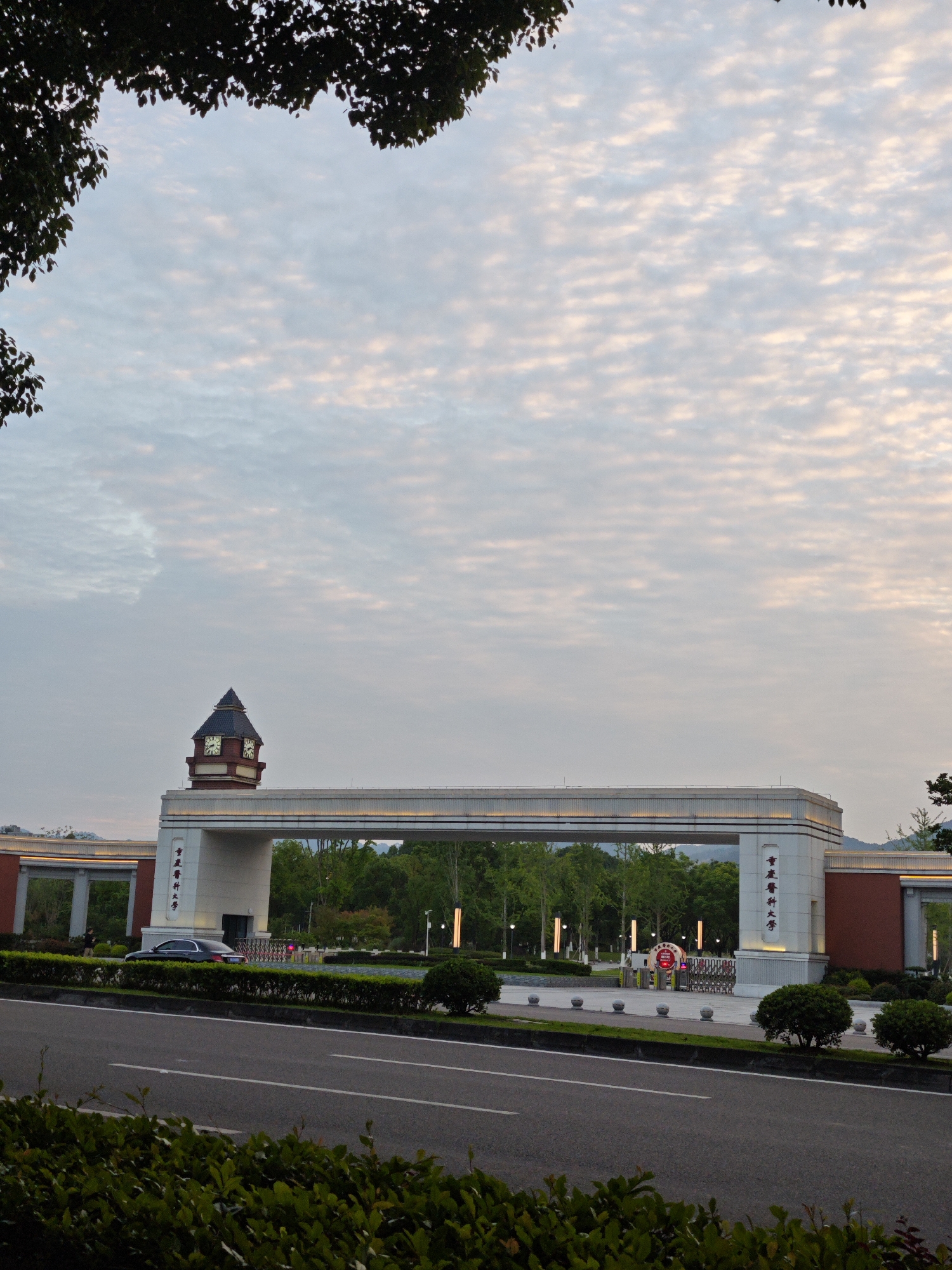 The image shows the entrance to Chongqing University of Posts and Telecommunications, located in the Chongqing High-tech Zone, China. The sky above is filled with a pattern of small, scattered clouds, tinged with pink and orange from what appears to be sunrise or sunset. In the foreground, a road is visible with a black car driving by. A green bush line separates the road from the university grounds, where a prominent archway stands. The archway is adorned with white lettering in Chinese characters and has a clock tower on the left side. Beyond the archway, trees and buildings of the university can be seen.