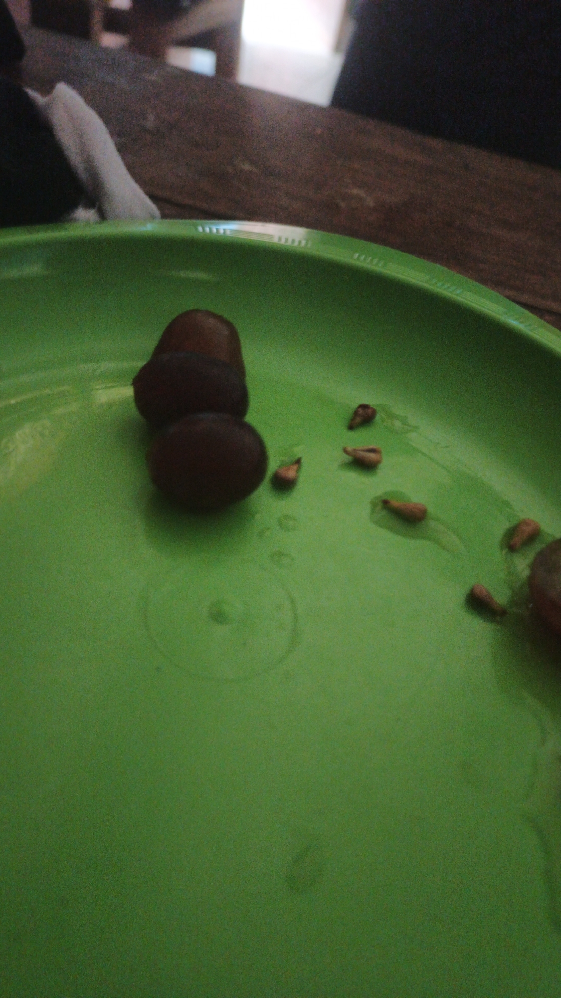 The image displays a close-up, overhead view of a green plate on a wooden surface. The plate contains several dark purple grapes and grape seeds. Two whole grapes are stacked on top of each other, with one slightly offset. Several small, light brown grape seeds are scattered around the grapes. The background shows a blurred wooden table and a dark, out-of-focus area. The image is taken from a high angle, focusing on the contents of the plate. The lighting appears to be ambient, casting soft shadows. There are no discernible human subjects or overt actions taking place. The environment suggests a casual setting, likely a meal or snack.