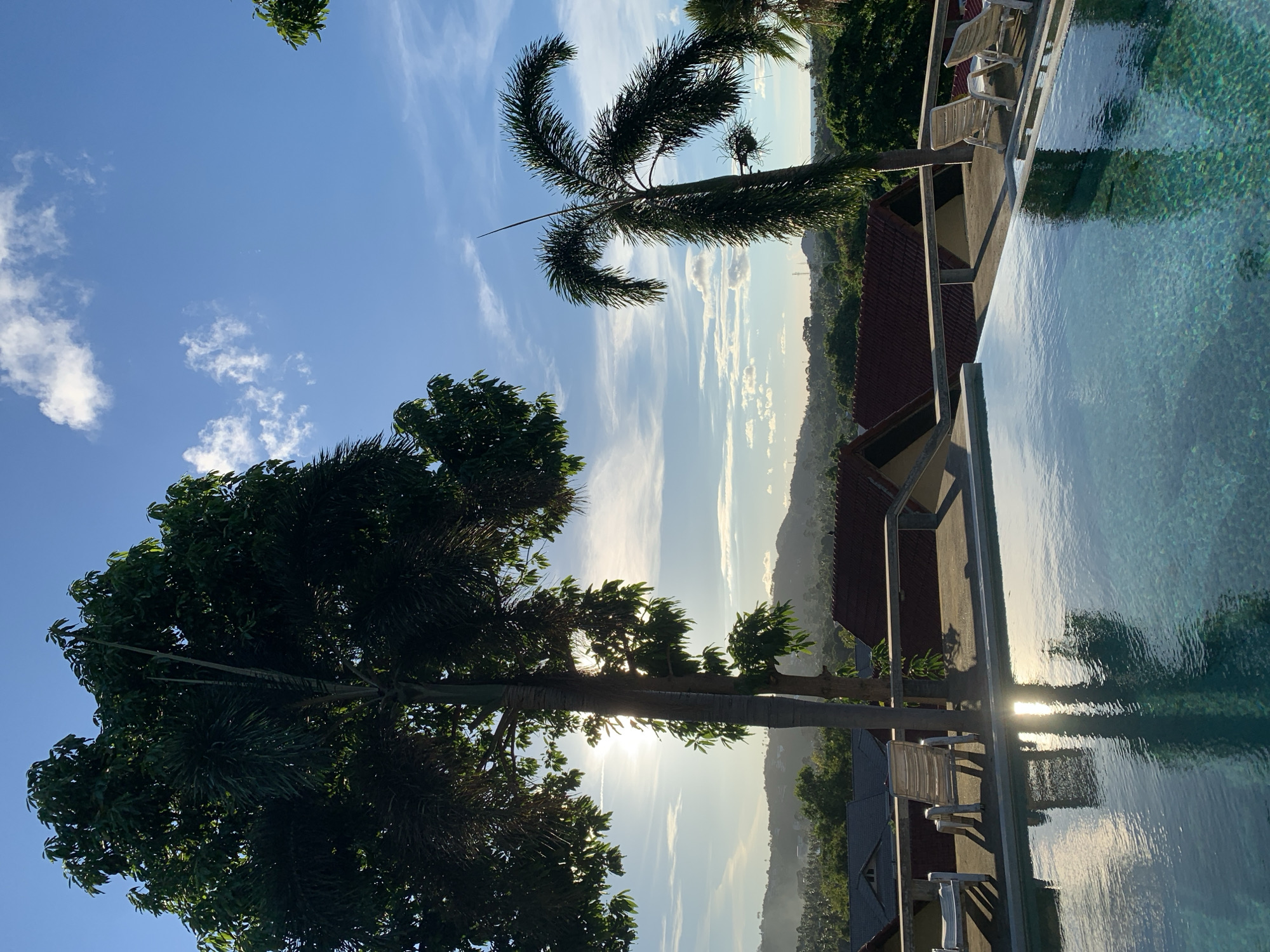 The image depicts a tranquil tropical resort setting in Ban Rak, Thailand, bathed in the warm glow of a setting or rising sun. The perspective is from an elevated position, looking down towards a sparkling infinity pool that dominates the right side of the frame. The pool's surface reflects the sky, palm trees, and the surrounding landscape, creating a sense of depth and serenity.
Two palm trees are prominent in the foreground and mid-ground, their fronds casting dappled shadows. The larger palm on the left is lush and green, while the one further back has a more feathery appearance. Beyond the pool, a collection of buildings with red tile roofs are nestled into a verdant hillside. The landscape beyond is rolling hills covered in dense vegetation, suggesting a remote and natural environment. A faint haze in the distance indicates the presence of the sea or a large body of water.
The sky is a vibrant blue, with scattered wispy clouds that are catching the sunlight, creating a soft, ethereal atmosphere. The sun itself is positioned behind the larger palm tree, its rays diffusing through the leaves and creating a lens flare effect, indicating it is low on the horizon. This time of day evokes feelings of peace, relaxation, and the beauty of nature. There is no visible text in the image. The scene is devoid of people, emphasizing the peaceful solitude of the location.