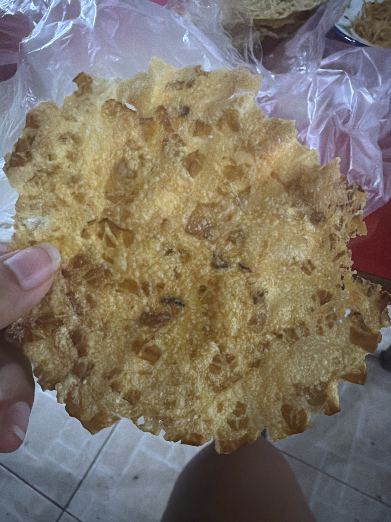 In Tanjung Pinang, Indonesia, a close-up shot captures a person's hand holding a large, circular, golden-brown fried snack. The snack has an irregular, lacy edge and is studded with visible pieces of what appear to be dried shrimp or a similar ingredient. The background is blurred, showing translucent plastic packaging and hints of other food items, suggesting a market or food stall environment. The floor tiles are visible beneath the snack and the person's legs.
