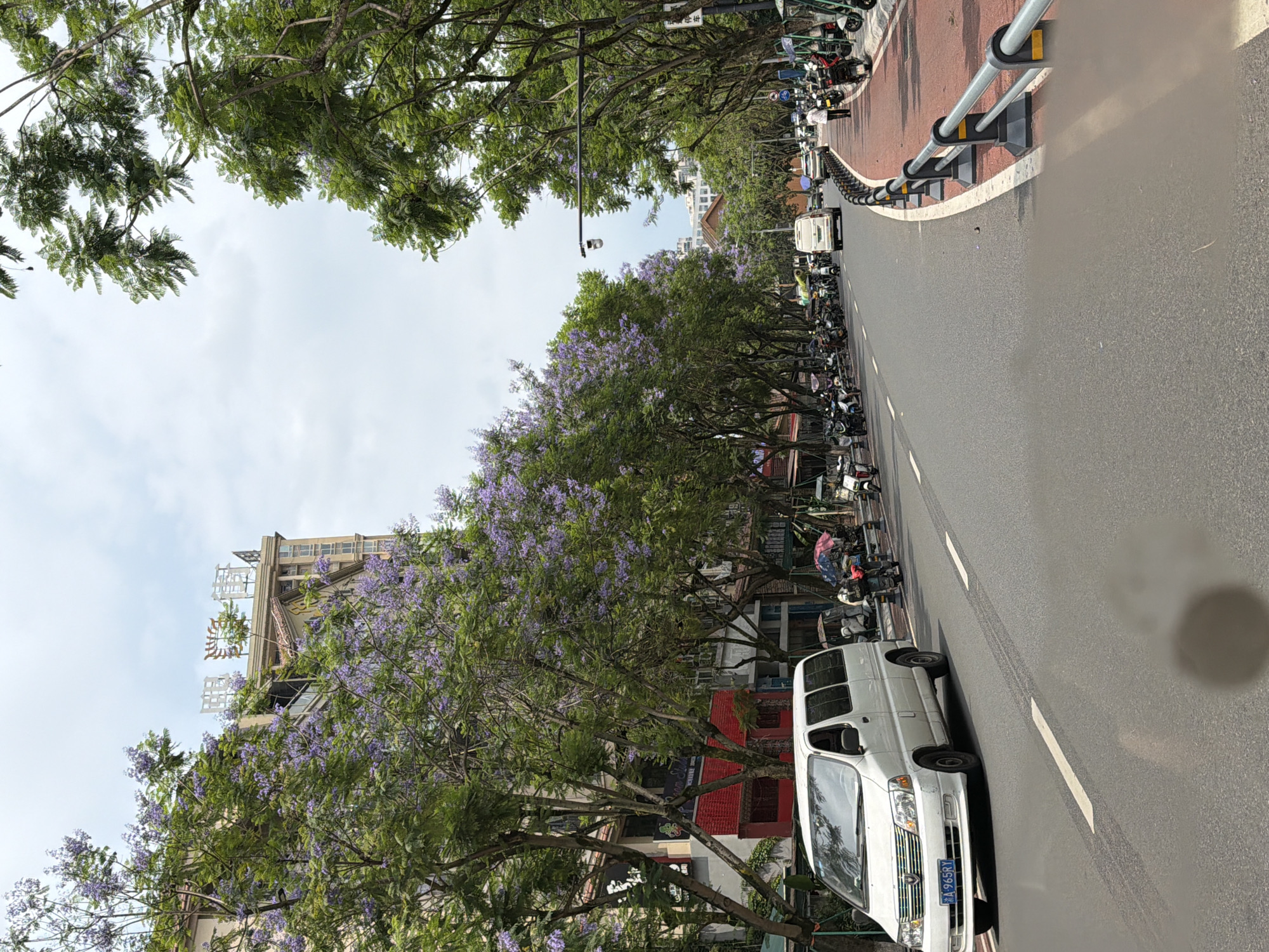 The image shows a street scene in Chongqing High-tech Zone, China. The perspective is along a road lined with trees, some of which are in bloom with purple flowers. A white van is parked on the right side of the road. Motorbikes are parked along the side of the road. A tall building is visible on the left, with some form of signage atop it. The sky is overcast. A pedestrian and vehicle barrier is on the top right of the image. The street surface is dark and appears to be asphalt.