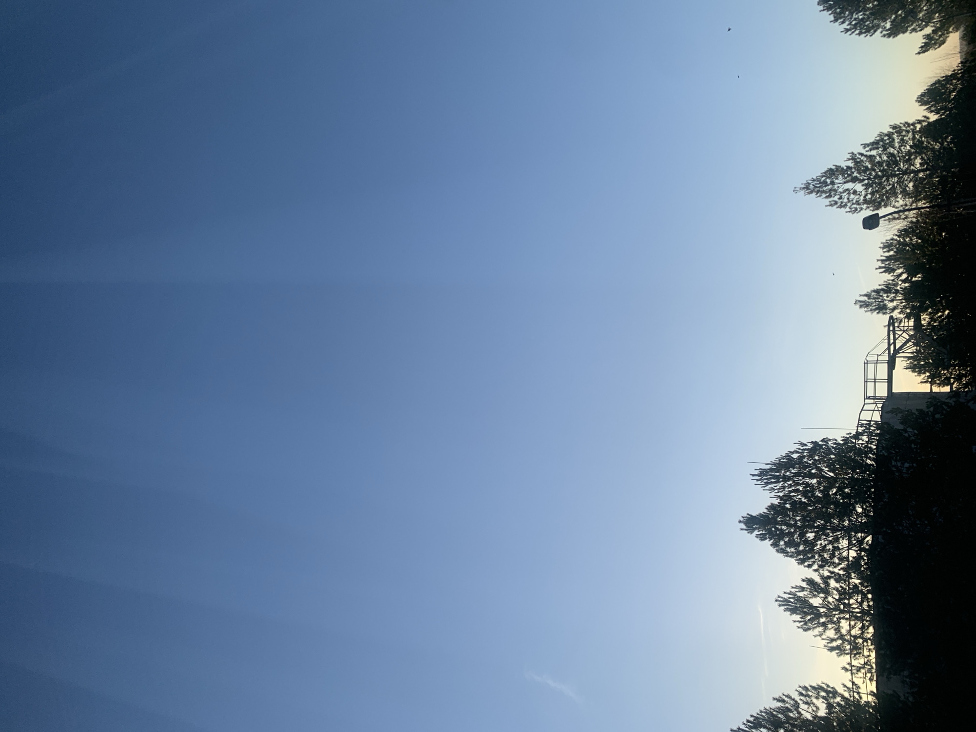 The image shows a blue sky with trees silhouetted on the right side. There appears to be a structure of some sort behind the trees, possibly scaffolding or a basketball hoop. There is a lamppost visible behind the trees as well. The presence of trees and a lamppost indicate an outdoor area and possibly a park in Chaikovsky, Russia. There are no people visible in the image.
