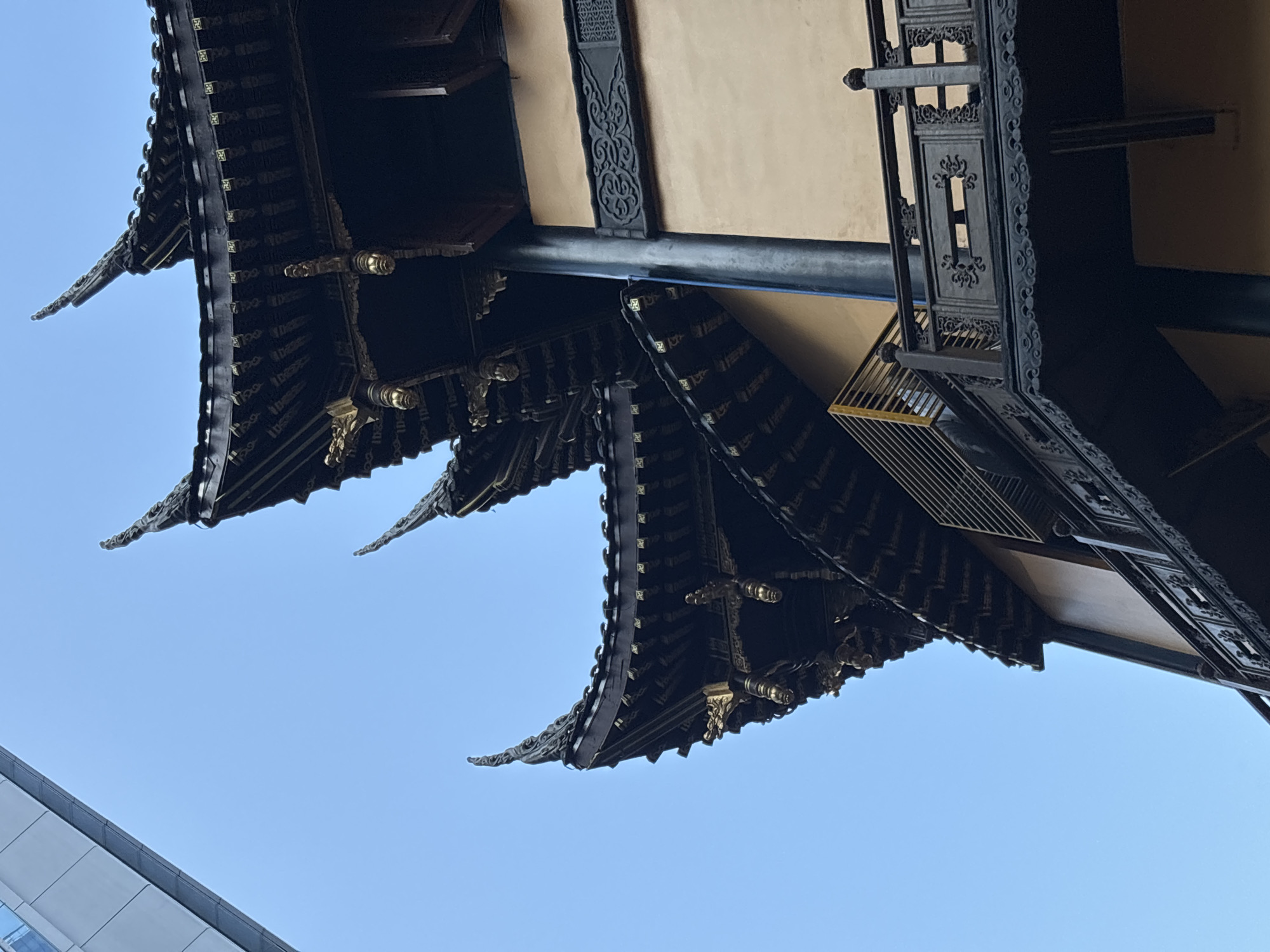 The image captures a close-up, low-angle view of traditional Chinese architecture, specifically focusing on the ornate, multi-tiered roofs and balconies of a temple or similar building. The roofs are dark brown with upturned eaves, adorned with golden decorative elements that appear to be stylized mythical creatures and intricate patterns. These roofs are layered, creating a sense of depth and grandeur, with each tier progressively smaller than the one below.
Below the roofs, a balcony with a dark wooden railing is visible. The railing is intricately carved with floral motifs and geometric patterns, suggesting skilled craftsmanship. A yellow metal railing is also present behind the wooden one, possibly a safety feature. The building itself has a light yellow or beige exterior wall. A large, dark cylindrical pillar is a prominent structural element in the foreground, supporting the upper levels of the building.
In the upper left corner of the image, a portion of a modern, grey, rectangular building looms, contrasting sharply with the traditional architecture. The sky is a clear, bright blue, providing a simple backdrop that highlights the intricate details of the building. The overall impression is one of a blend of ancient and modern elements within an urban setting. This specific architectural style is commonly found in historical sites within the Yuzhong District of China, an area known for its blend of traditional and contemporary structures.