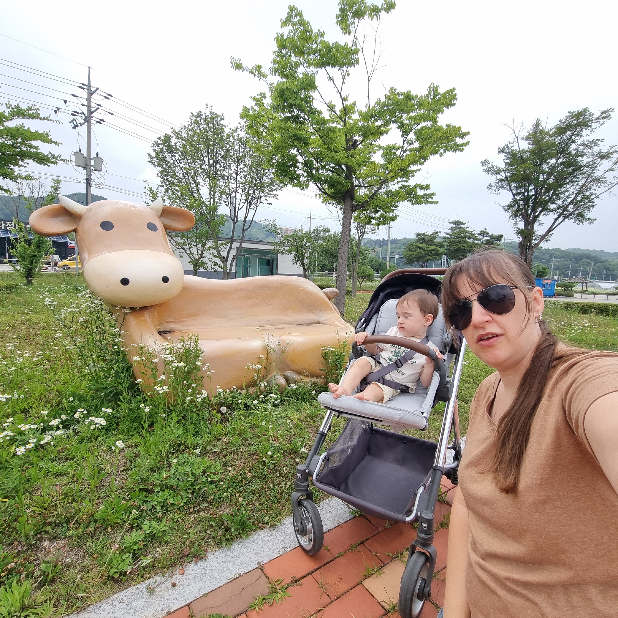 In Dunnae-myeon, South Korea, a woman takes a selfie in an outdoor setting. She stands to the right of the frame, facing the camera, wearing a brown t-shirt and sunglasses. To her left, a baby sits in a stroller, leaning back with eyes closed. Behind the stroller, a large, brown, cow-shaped bench is visible, situated in a grassy area with scattered white flowers. Trees and power lines are present in the background, suggesting a park or public space. The sky is overcast.
