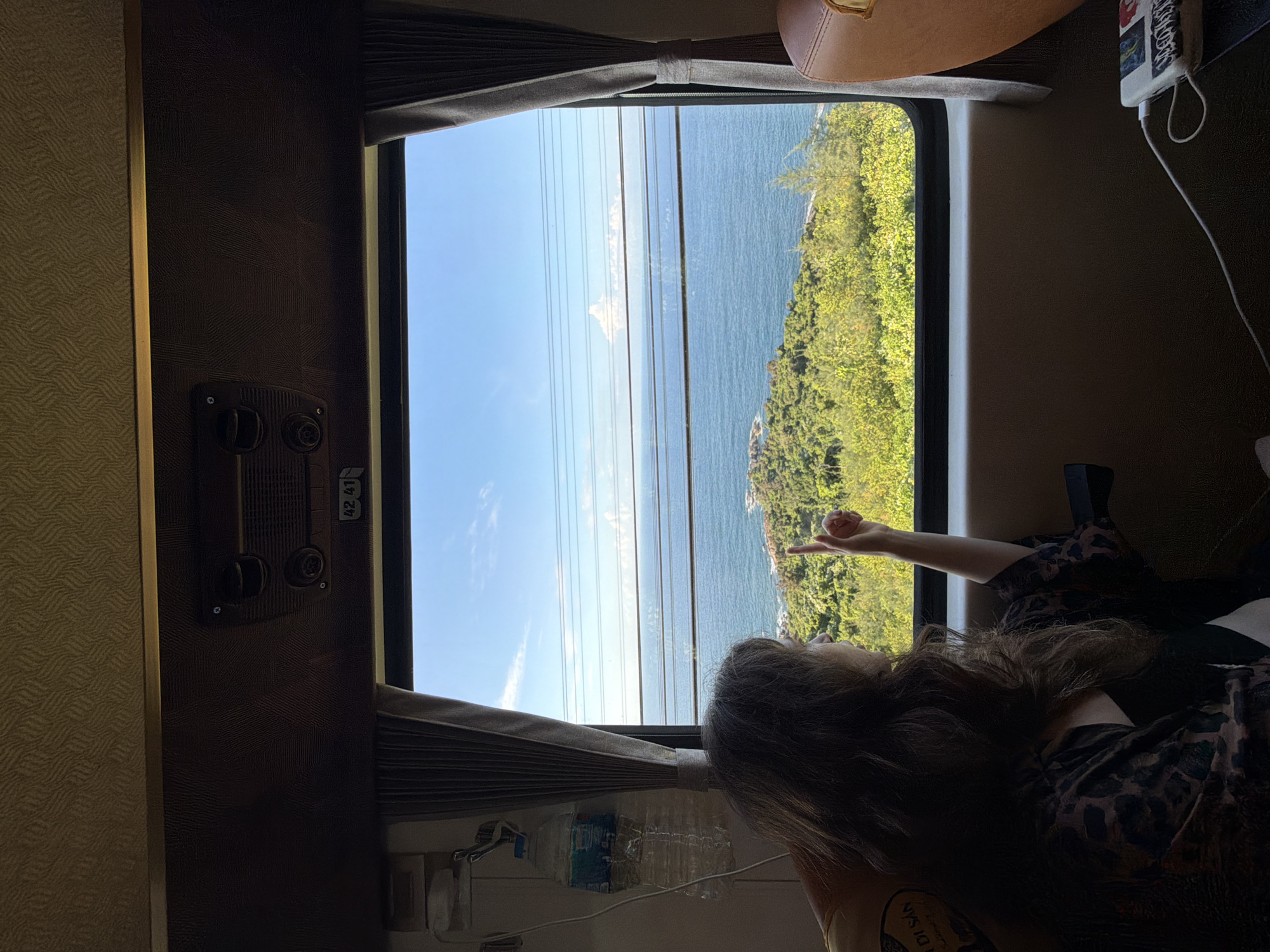 A person is seated inside a train or similar vehicle, looking out a window. The person has long, dark hair and wears a dark, patterned shirt. Outside the window, a scenic view of a coastline is visible with green vegetation and blue water. The sky is partly clear. Overhead power lines cross the view. The train has brown interior walls with control panels. A water bottle is visible below the window. The scene depicts a moment of travel, observing the natural beauty of the coast from a moving vehicle. The location is uncertain.