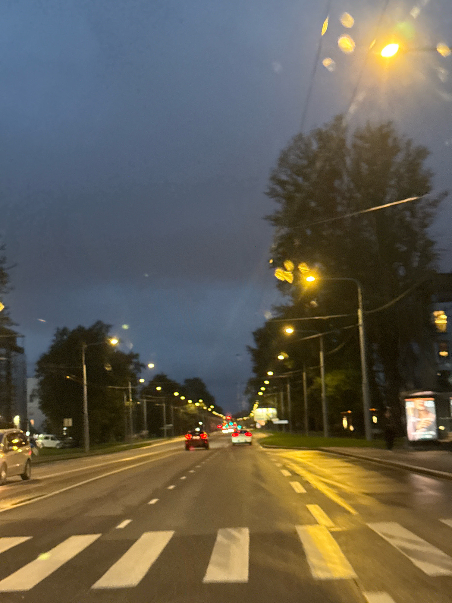 The image depicts a view from a vehicle traveling on a multi-lane road in Tallinn, Estonia, during twilight or early evening. The sky is dark blue and overcast, with some visible clouds. Streetlights are illuminated along the road, casting a yellowish glow, and their reflections are visible on the wet asphalt. Several cars are on the road, with their headlights and taillights on, indicating traffic. One car in the foreground, to the left, appears to be silver or light-colored. Further down the road, red taillights of other vehicles are visible. There are pedestrian crossings marked with white stripes on the road. Trees and buildings line the sides of the road, with some of the buildings illuminated by interior lights. One building on the right appears to be a bus stop shelter with an advertisement inside. The overall atmosphere is somewhat moody, likely due to the weather conditions and the time of day. The scene suggests an urban environment with active traffic.