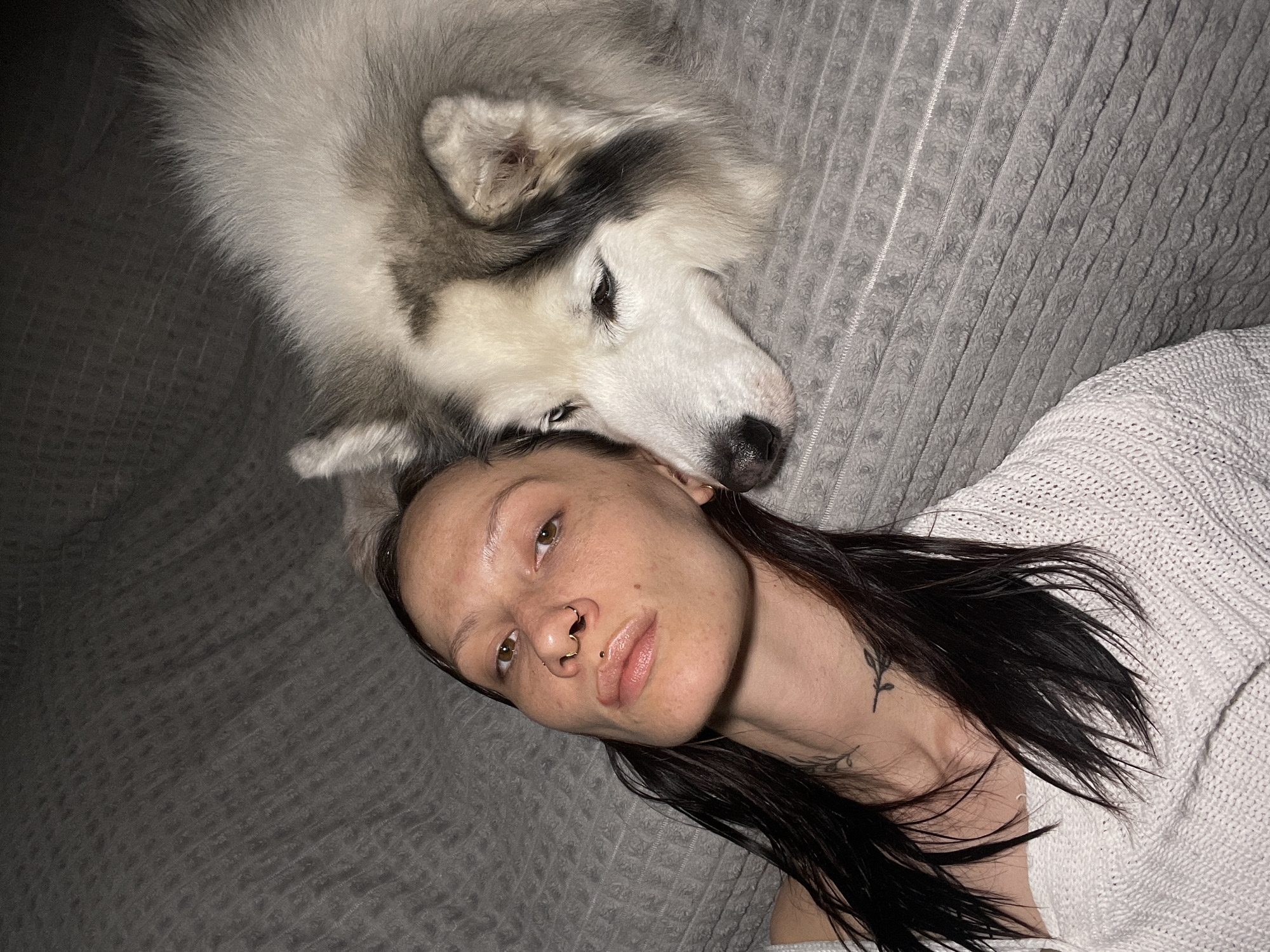 A woman with dark hair and a dog are lying on a grey blanket. The dog, a husky with white and grey fur, is positioned above the woman's head. The woman is fair-skinned and has a nose ring and a tattoo on her neck. She is wearing a white sweater. The background consists of the grey blanket. There is no information in the photo that indicates a location, specifically Izhevsk, Russia.