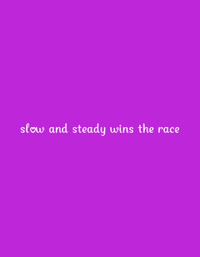 A photograph shows the phrase "slow and steady wins the race" written in white cursive lettering against a vibrant purple background. The text is centered horizontally on the screen, and is located in the bottom half of the image. The image is a static, two-dimensional visual.