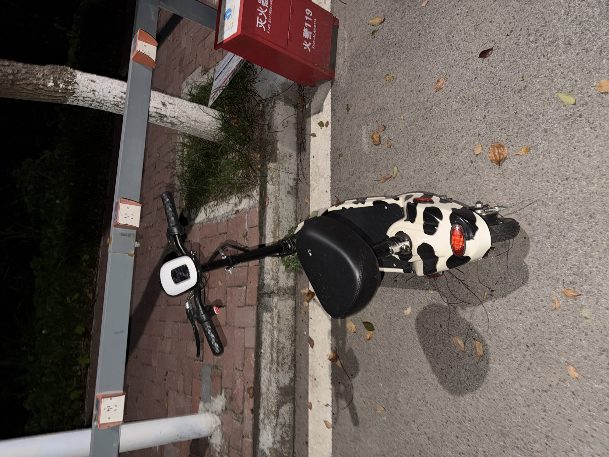 An electric scooter with a cow-print pattern is parked on a paved street at night. The scooter is black and white, with a black seat and handle. It has a white display screen on the handlebars. To the left of the scooter, a white pole supports a gray metal bar with several electrical outlets. A red fire extinguisher box with Chinese writing and "FIRE-ALARM 119" is visible to the right of the scooter. The background consists of dark foliage and the trunk of a tree. Fallen leaves are scattered on the pavement. The scene is located in Jiangjin District, Chongqing, China.