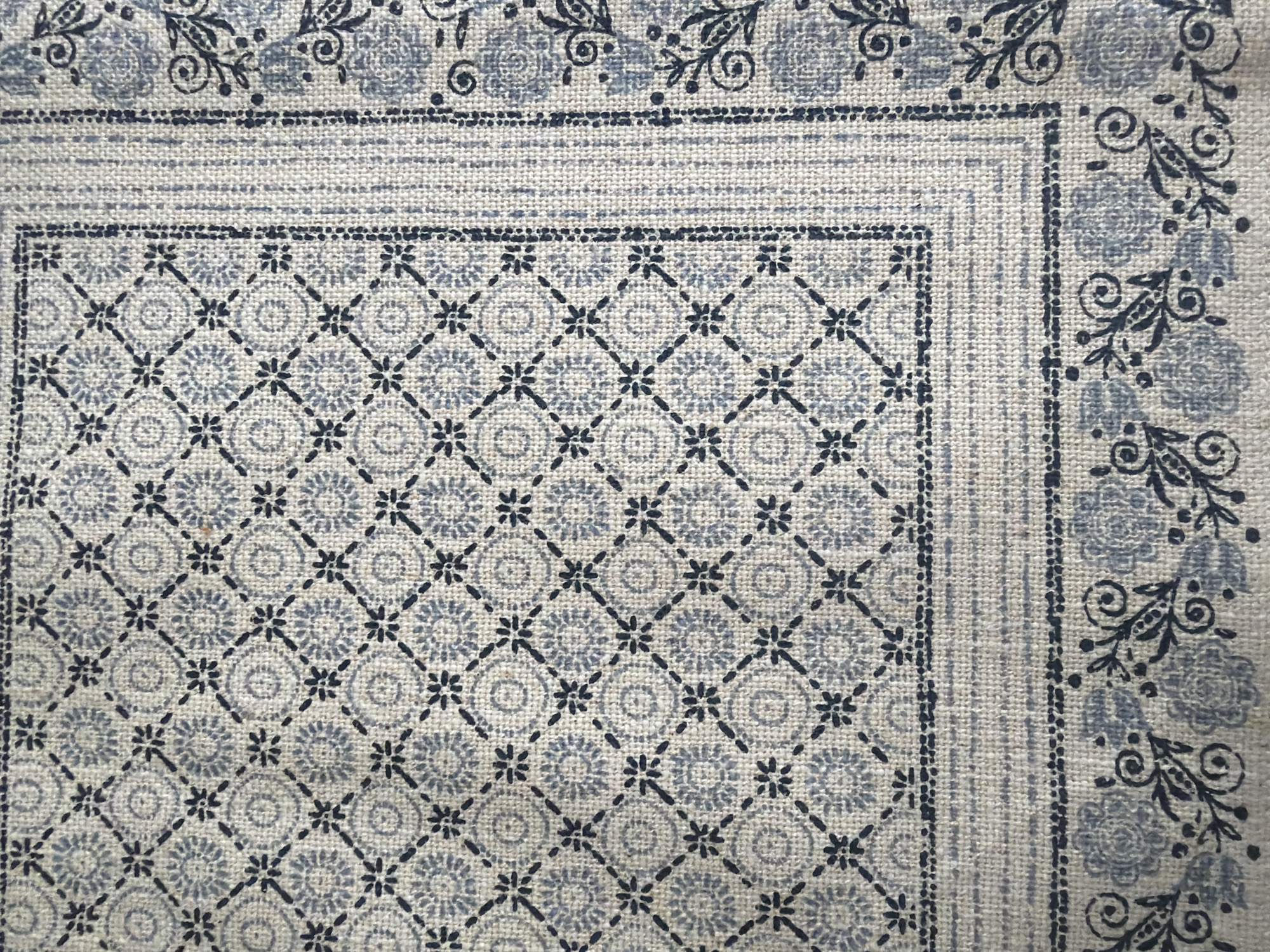 The image depicts a close-up of fabric, possibly a textile sample or a finished product like a cushion or tablecloth. The fabric has a repeating pattern featuring a combination of geometric and floral motifs. The main area of the fabric displays a grid-like design with small, dark star-shaped figures intersecting with diagonal lines. Within each square formed by the grid, there is a light grey circular design resembling a stylized flower. Around the perimeter of this patterned area, there are borders with different designs. One border features a floral pattern with stylized roses and swirling leaf-like details. Another border is a plain strip with a subtle woven texture. The colors are muted, primarily consisting of shades of light grey and dark blue/grey. The fabric appears to be made of a textured material, possibly linen or cotton. There is no visible indication of the image's location within the city of Guildford, United Kingdom.