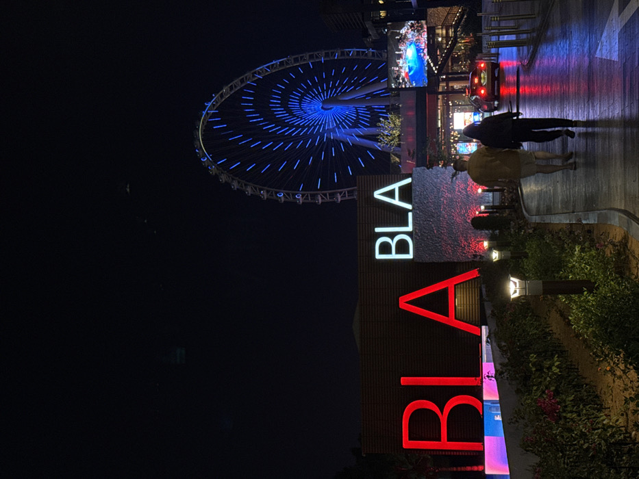 Night scene featuring the illuminated Ain Dubai Ferris wheel. To the right, figures walk on a wet surface reflecting red lights. In the foreground, a sign reading "BLA BLA" is visible, with "BLA" in white and "BLA" below in red. The scene also includes greenery and small path lighting. The overall tone is vibrant and modern.