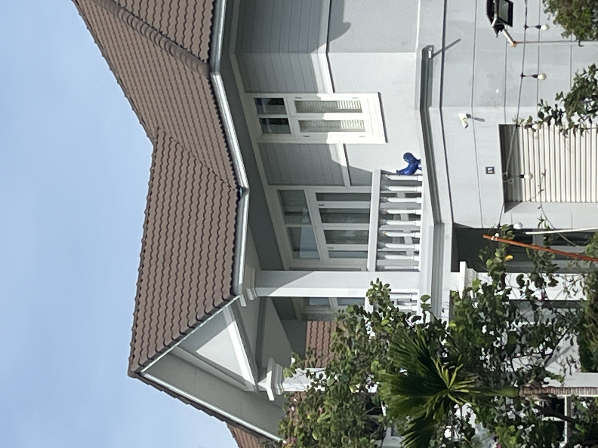 The image shows the exterior of a light gray, two-story house with a brown tiled roof. The house has white-trimmed windows and a white balcony with a railing. In front of the house, there are various trees and foliage. A small blue decorative rooster is visible on the balcony railing. The sky is clear and blue. There is no indication of the specific location within Phu Thuy Ward, Vietnam.