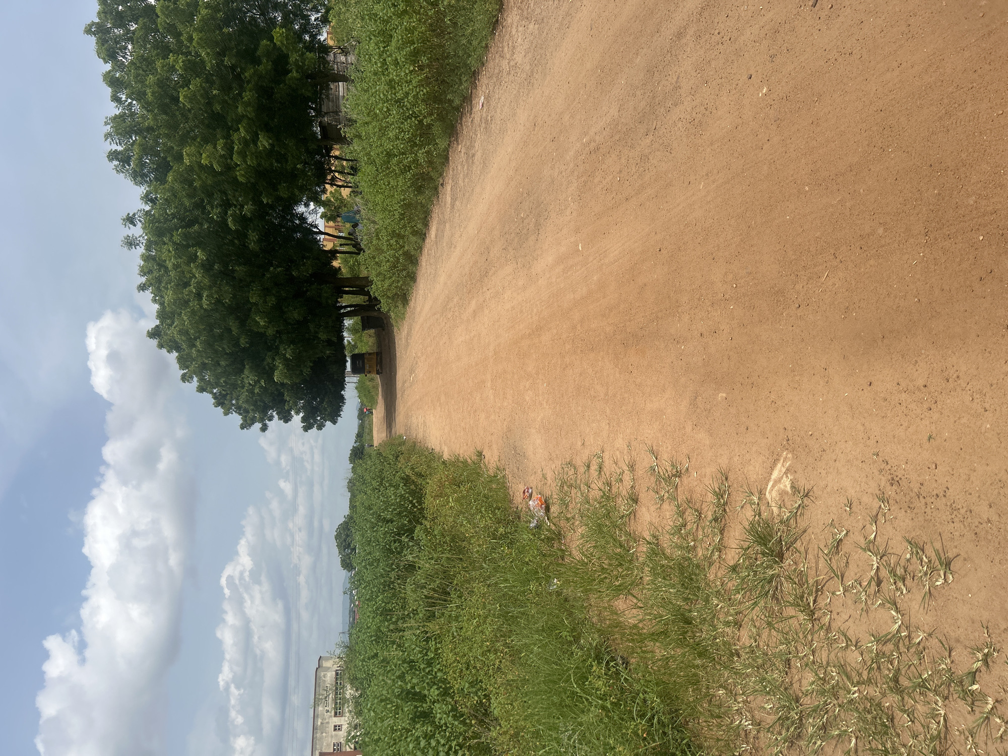 A dirt road winds through a rural Nigerian landscape under a partly cloudy sky. Lush green vegetation flanks the left side of the road, with a dense cluster of trees providing shade further up the path. On the right, the road is bordered by sparser green grass and patches of dry earth, with some scattered litter visible. In the distance, a few buildings and more trees suggest a small settlement. The sun appears to be high in the sky, indicating it is likely midday. The scene evokes a sense of everyday life in a warm climate.