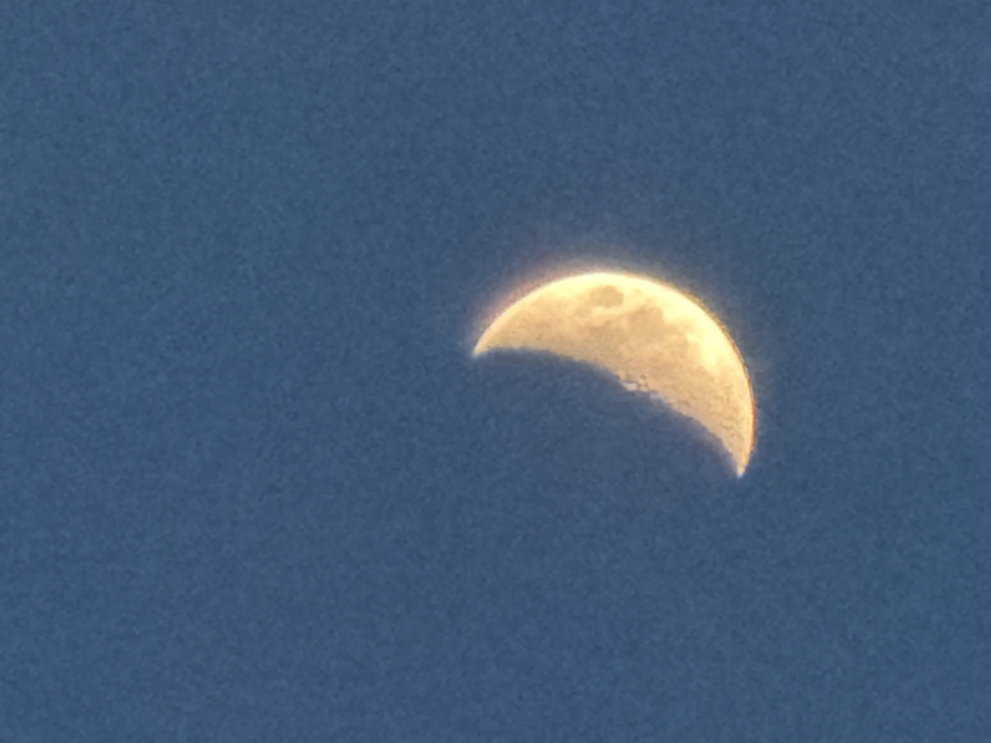 An outdoor, telephoto shot captures a brightly illuminated crescent moon against a clear, deep blue daytime sky. The moon, positioned in the upper right portion of the frame, exhibits a yellowish-white hue with some visible surface textures, hinting at lunar craters or maria. Its illuminated crescent curves to the left, with a distinct, somewhat soft edge. The background is a uniform, rich blue, indicating a cloudless sky and likely a daytime or early evening setting where the moon is visible. The image appears slightly grainy or pixelated, particularly noticeable in the texture of the sky. There are no other subjects, activities, or visible text present. Based on the provided context, the image was captured in Izhevsk, Russia.