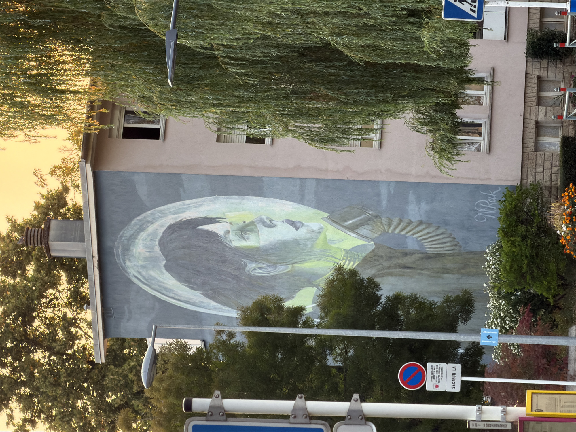 This is a street-level, medium-shot photograph taken in Esch-sur-Alzette, Luxembourg. The scene captures a building facade adorned with a large mural of a person's head in profile, wearing a helmet with a visor and a breathing apparatus. The mural utilizes a limited color palette, primarily shades of blue, gray, and green, with a hint of yellow. The artwork appears to be signed "NRak" in white script at the bottom right of the mural.
To the left of the building, a lamppost and a traffic sign with a red circle and a diagonal line are visible. Below the traffic sign, there are two smaller white signs with text. Further to the left, a portion of a yellow structure and a blue traffic sign with a white arrow are visible.
A large willow tree with drooping branches partially obscures the right side of the building and the mural. The building itself is painted a light pink color and has multiple windows. The lower portion of the building is constructed with stone blocks.
In the background, dense green trees with sunlight filtering through them create a soft, warm glow. The sky above is a vibrant orange, suggesting it might be sunset or sunrise. The overall impression is one of urban art integrated with the natural environment.