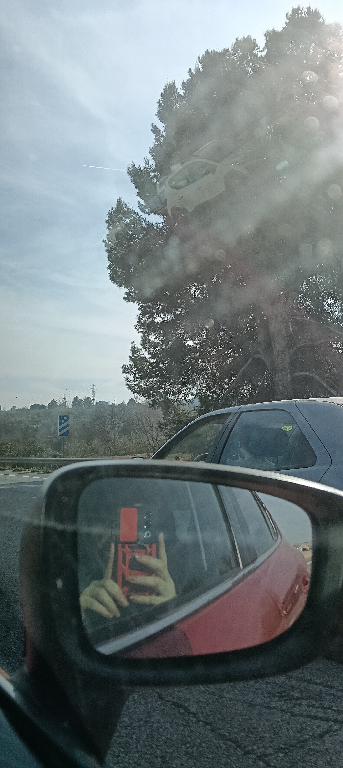 The image depicts a roadside scene observed from the interior of a red vehicle, likely in Sant Quirze del Vallès, Spain. In the foreground, the vehicle's driver's side mirror reflects the hands of a person holding a red smartphone, encased in a matching red protective cover, positioned for photography. The reflection also shows part of the red vehicle's door and asphalt below.
Outside the vehicle, to the immediate right, the upper section of a dark blue or gray hatchback is visible. A large, dense evergreen tree with dark foliage dominates the upper right and central parts of the frame. The sky, visible above and through the tree, is light blue with sparse cloud cover, featuring a thin white aircraft contrail in the upper left quadrant. A reflection of a light-colored SUV is superimposed over the tree and sky in the upper windshield area.
To the left, a metal guardrail separates the roadway from an elevated hillside characterized by sparse, dry vegetation. A blue rectangular road sign displaying white text, indicating a distance possibly as "700 m," is visible on this hillside. A tall electricity pylon stands on the distant horizon to the left, above the hillside. The ground appears to be paved with asphalt. The scene is illuminated by natural daylight, with a lens flare indicating the sun's position off-frame to the upper right.