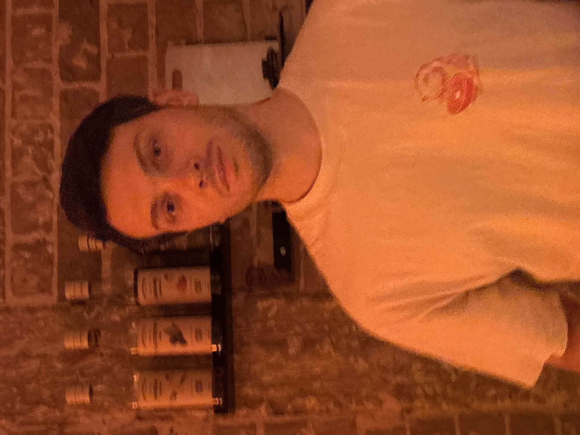 A young man with dark hair and stubble is standing in front of a brick wall. He is wearing a light-colored t-shirt with a small graphic of a red and pink circular shape on the left side of his chest. Behind him, on a shelf, are several glass bottles with labels. The lighting in the image is warm and appears to be artificial, casting an orange hue over the scene. The overall environment suggests an indoor setting, possibly a bar or a home with a brick interior.