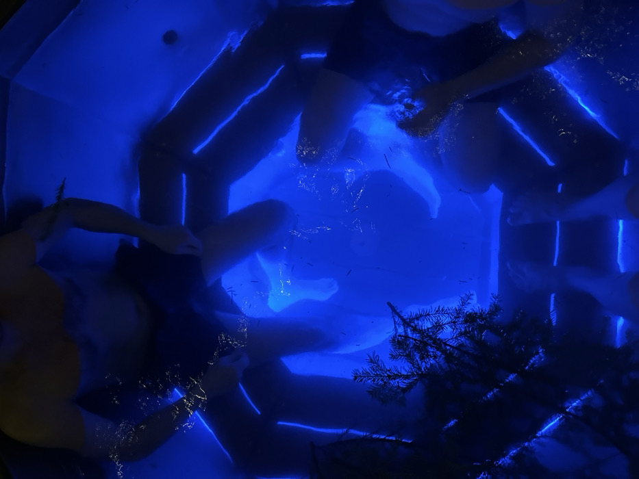 The scene depicts at least four individuals partially submerged in a body of water, likely a hot tub or small pool, intensely illuminated from within by blue light. The upper torso of one bare-chested male, wearing dark shorts, is visible at the top of the frame. Multiple legs and feet of other individuals are visible throughout the water, some appearing to rest on ledges within the structure. Water droplets and minor surface agitation are present. A dark green conifer branch, possibly spruce or fir, is partially submerged in the water on the lower-left side. The surrounding environment is dark and indistinct, suggesting an indoor or nighttime setting. The event takes place in Базарово, Russia.