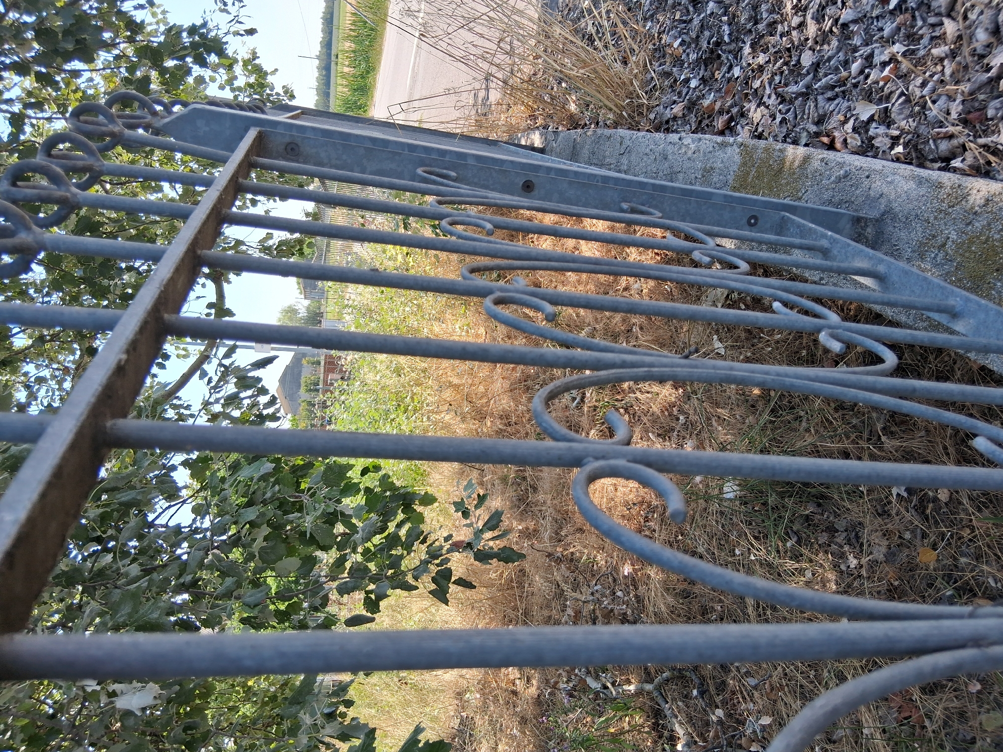 The image captures a close-up view of a grey metal gate with decorative scrollwork. The gate is positioned next to a concrete base, with dry grass, leaves, and gravel on the ground. In the background, through the gate, a building with a terracotta-tiled roof is visible, surrounded by green trees and vegetation. Beyond the building, a paved road runs alongside a field of green crops, suggesting a rural or semi-rural setting. The sky is clear and blue. The scene appears to be in Colorno, Italy, indicated by a building visible in the background.