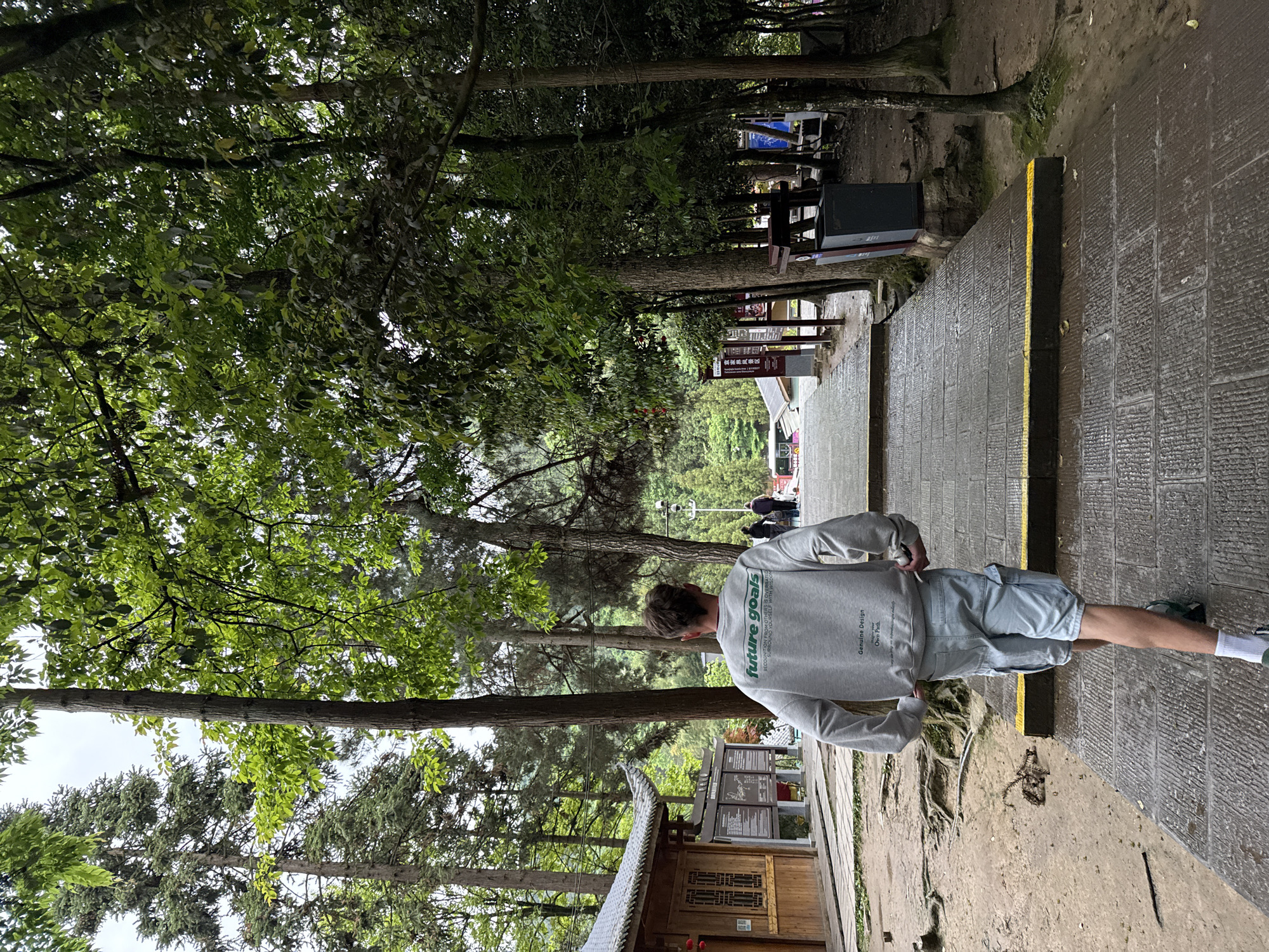 A man stands on a stone walkway in Luoguta, China, with trees lining both sides. The walkway is made of rectangular stone slabs. The man is seen from behind, wearing a gray long-sleeved shirt with “future goals” printed on the back, light blue shorts, and white socks with green trim. He is standing near the edge of the walkway, closer to the right side of the image. To his left, there is exposed soil and roots from the trees. A wooden building with a pagoda-style roof is situated further down on the left. In the background, further along the path, there are indistinct figures of people. A black trash bin, wooden benches, and signs are on the right. The trees create a canopy overhead, obscuring much of the sky.