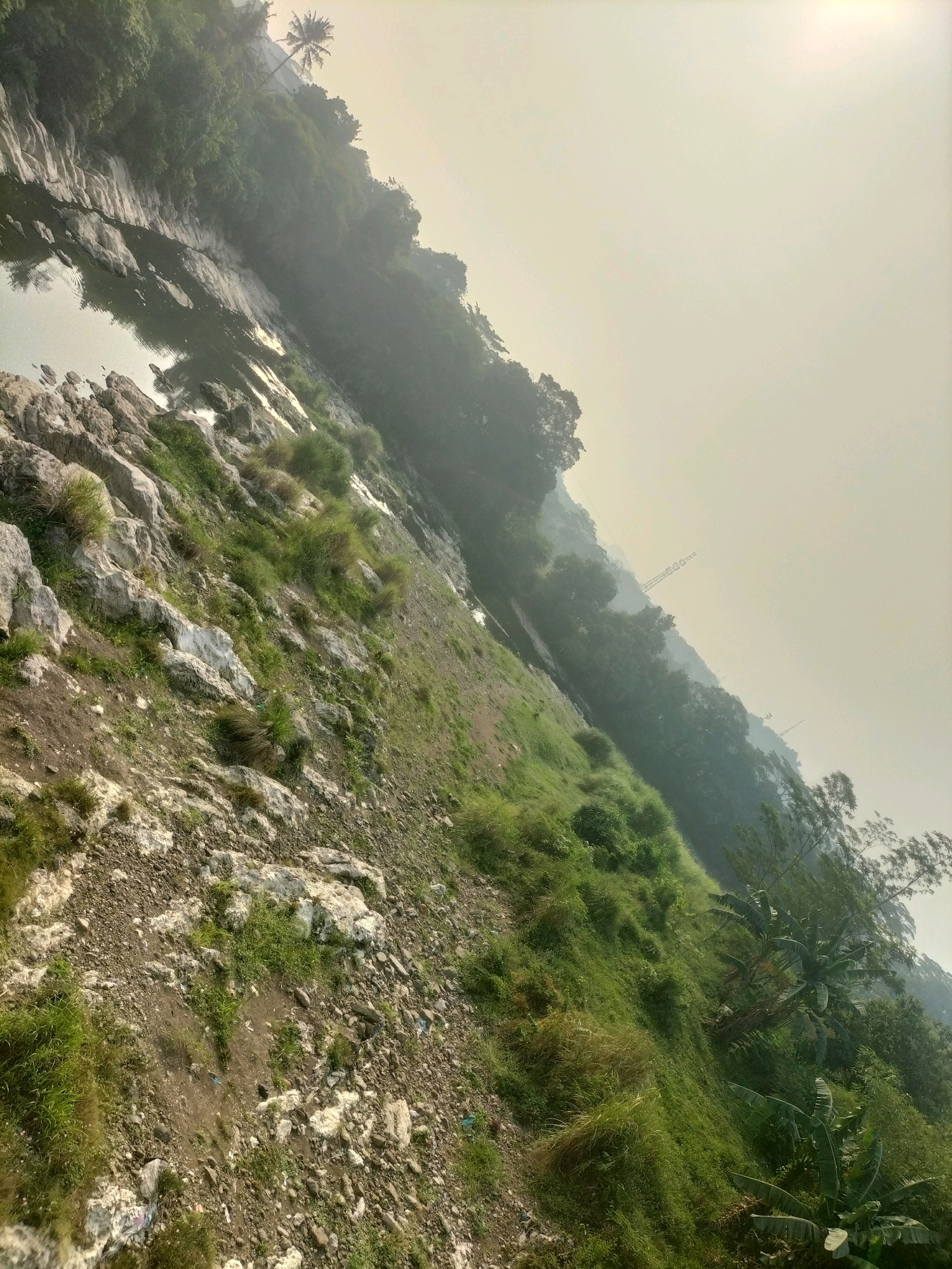 A tilted, eye-level shot captures a hazy landscape dominated by a steep, rocky incline covered in green grass and scattered rocks. A narrow, dark body of water, likely a river or stream, runs along the left edge of the frame, bordered by large, light-colored rocks. Further to the right, a dense, green forest blankets a hillside that recedes into a foggy distance. The sky above is a pale, washed-out yellow, suggesting either dawn, dusk, or heavy fog. A tall, thin palm tree stands out against the hazy sky on the left side of the image. In the far distance, on the right side of the frame, a tall structure resembling a crane or tower is visible, partially obscured by mist. The overall impression is one of a natural, undeveloped area, possibly a river valley, seen through atmospheric haze.